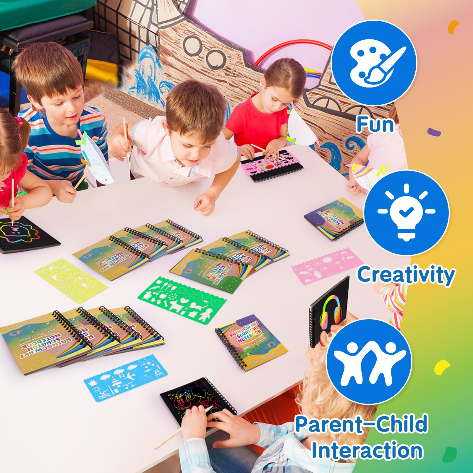 YSCare Scratch Arts Partygeschenke für Kinder: 32 Stück, Regenbogen-Kunst-Kratz-Notizbuch, Kunst-Bastelset, Goodie-Tüten, Geburtstagsgeschenke, Klassenzimmerpreise für Mädchen, Jungen, 4–8–12