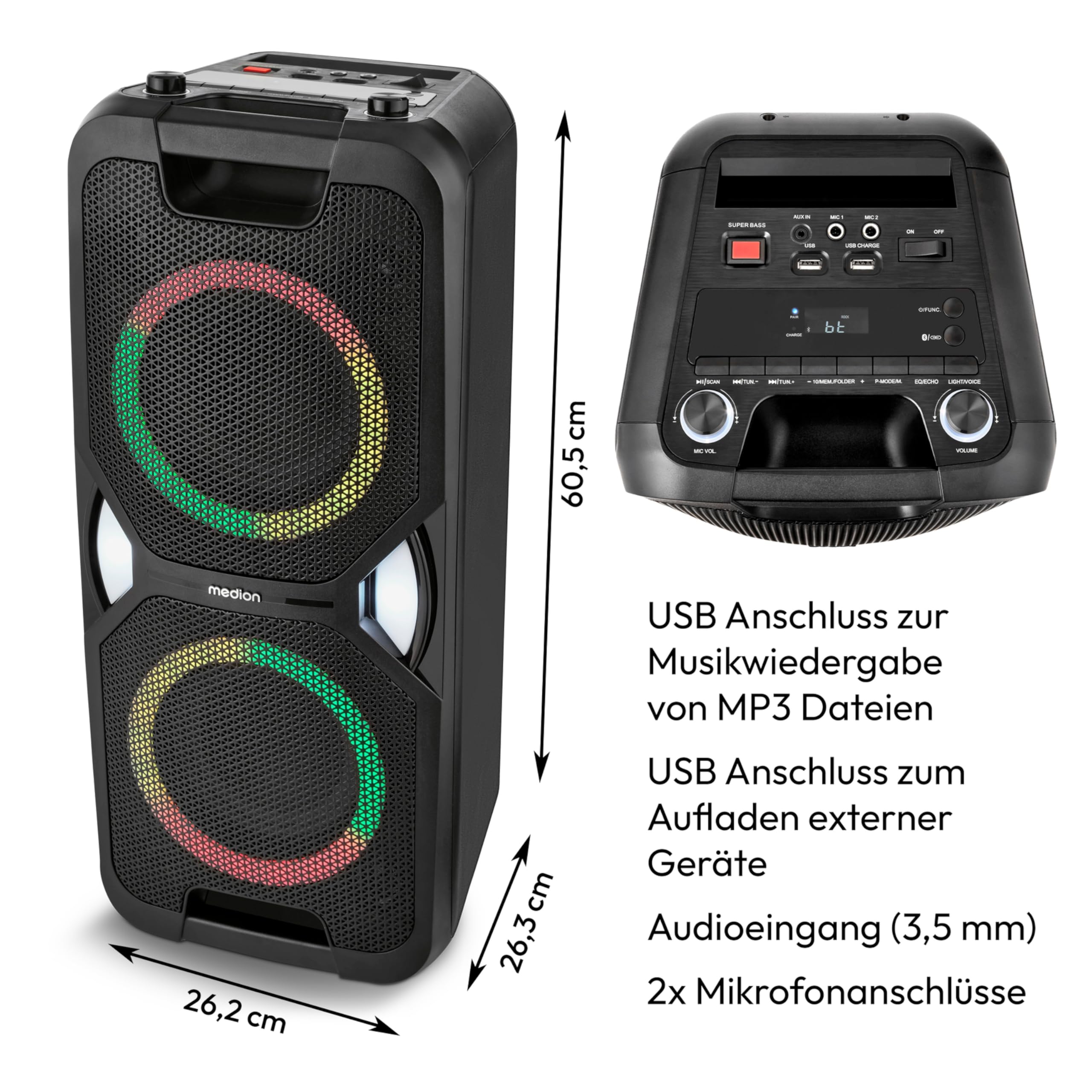 MEDION PE-1 Pure Partybox (Akku, mit Mikrofon, tragbarer Bluetooth Lautsprecher groß, Musikbox, Verschiedene Lichteffekte, Partylautsprecher mit Karaoke, 2 x Mikrofonanschluss, AUX, USB, Radio)
