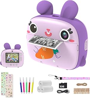 CAMCLID Instant Camera for Kids, 1080P Kids Camera Instant Print with No Ink Print Paper & 32G SD Card, Selfie Digital Camera & Video Camera with 2.4" Screen, Ideal Gift for Girls Boys 3-12 (Purple)
