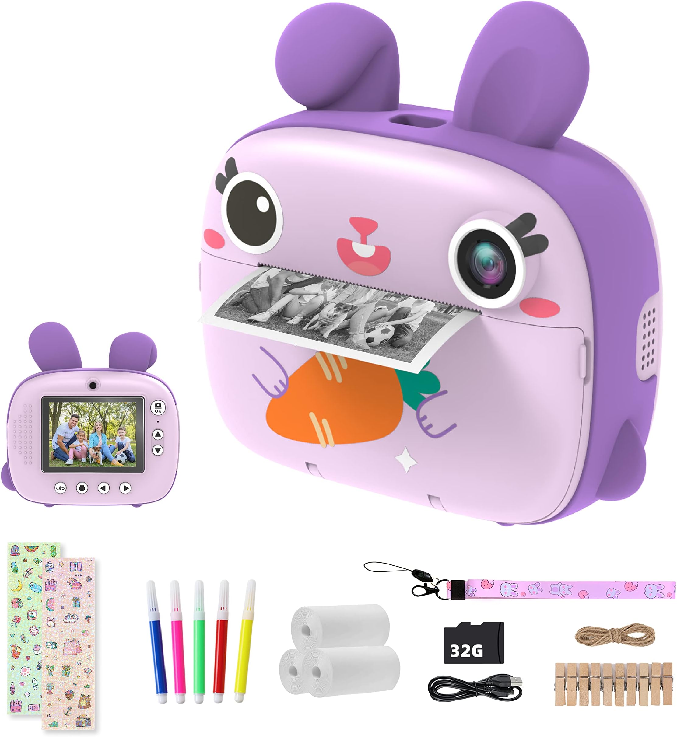 CAMCLID Instant Camera for Kids, 1080P Kids Camera Instant Print with Print Paper & 32G SD Card, Selfie Digital Video with 2.4” Screen, Ideal Toy Gift for Girls Boys 3-12 (Purple)