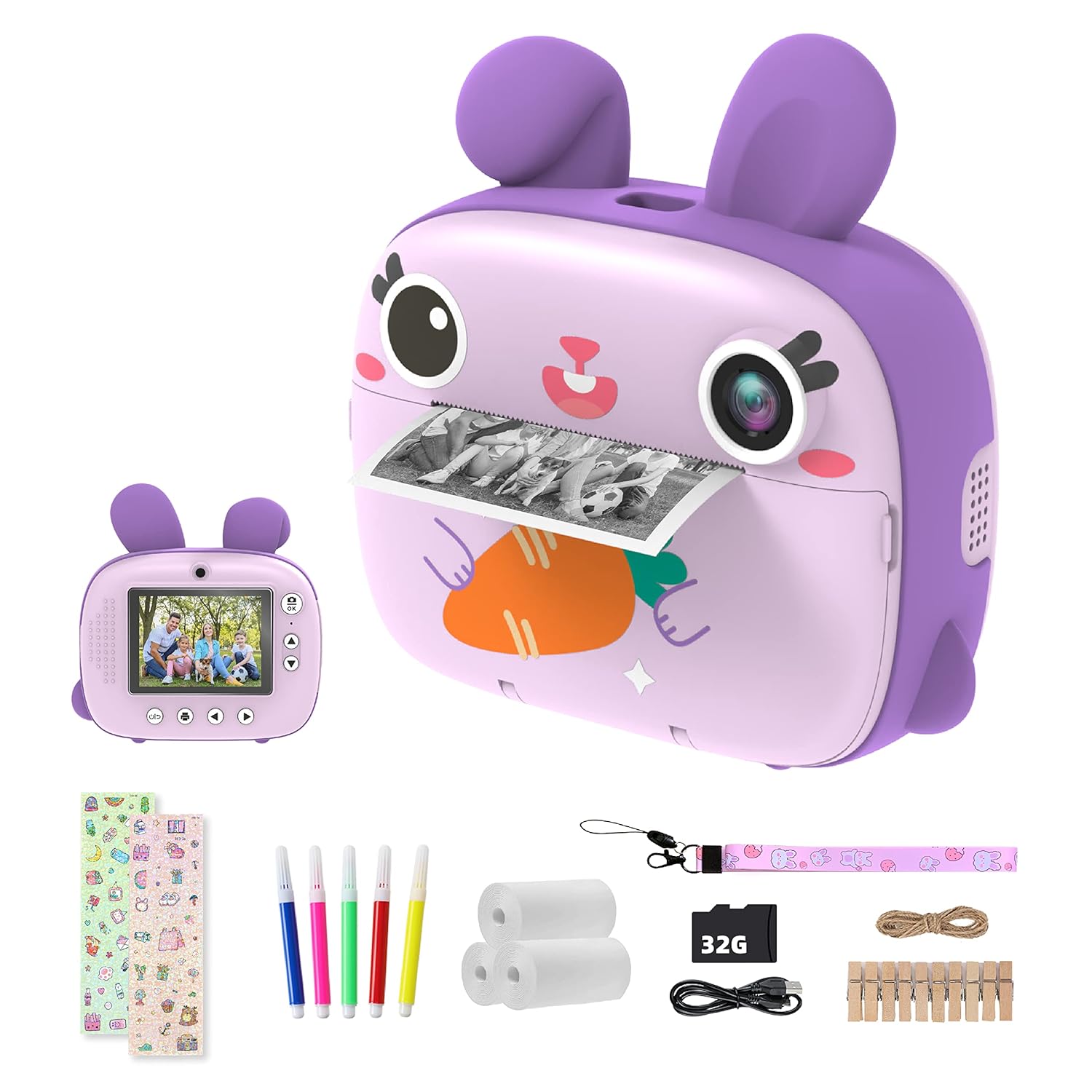 CAMCLID Instant Camera for Kids, 1080P, Instant Print with No Ink Print Paper & 32G SD Card,Selfie Digital & Video Camera with 2.4” Screen,Ideal Toy Gift for Girls Boys 3-12 (Purple)