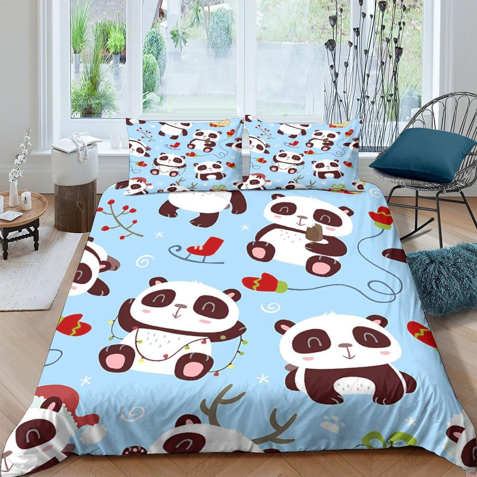 Housse de couette panda 200x200 cm avec taies en microfibre pour lit double
