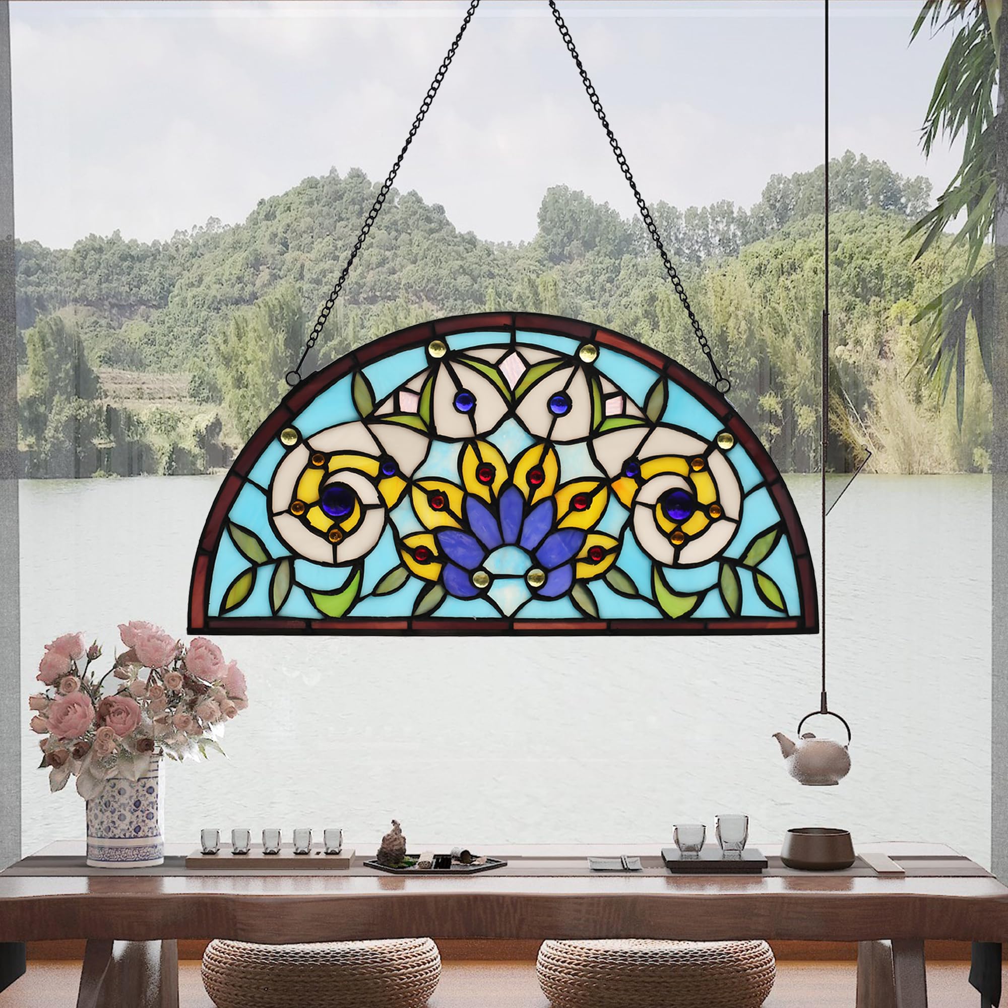 YOURANJU Halbmond-Buntglas-Fensterdekoration, Tiffany-Stil, 40,6 x 20,3 cm, halbrund, Einweihungsgeschenk, Wohnzimmer, Schlafzimmer, Küche, Fenster, dekorative Behänge mit Kette (Blume)