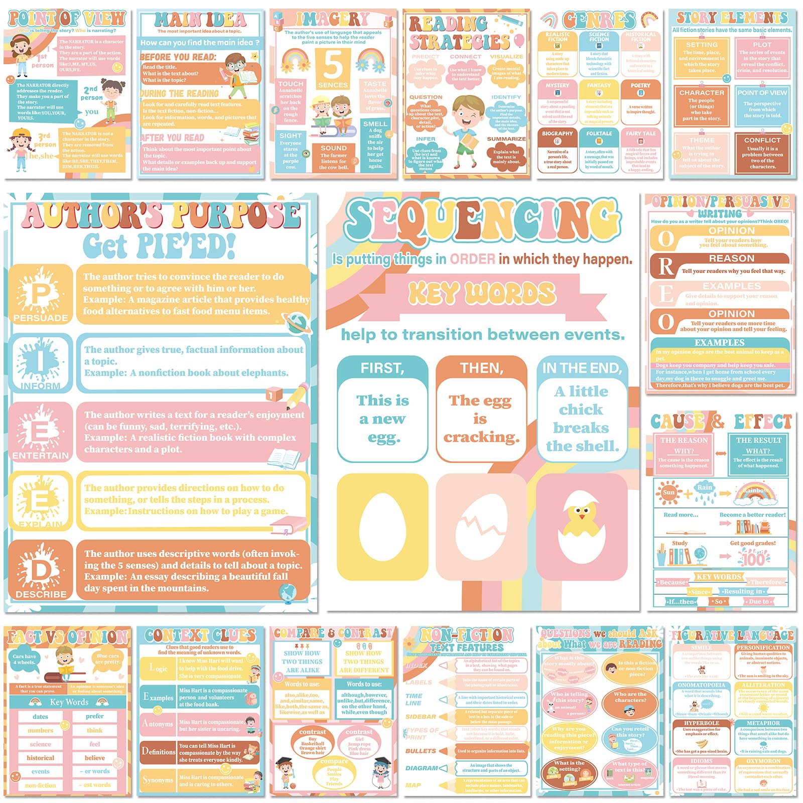 CHUNNIN 16Pcs Hippie Reading Comprehension Poster for Classroom Decoration Sign Groovy Rainbow Daisy Educational Literature Genre Bulletin Board Chart for Elementary Middle High School Wall Decor