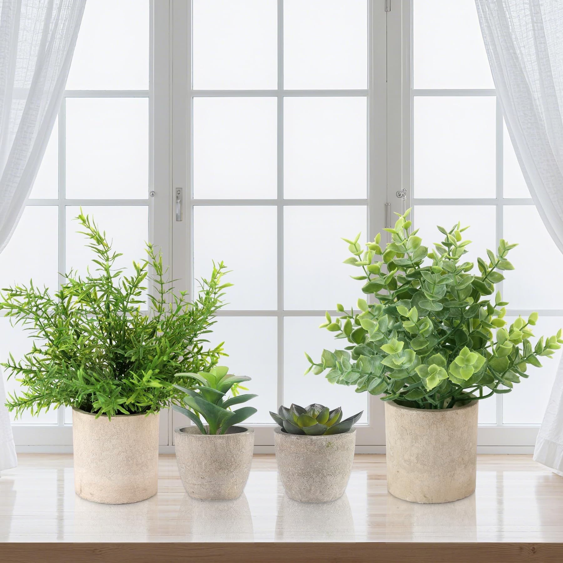 SUNNYNEST Artificial Potted Plants Set of 4 in Cement Pots for Indoor Decor