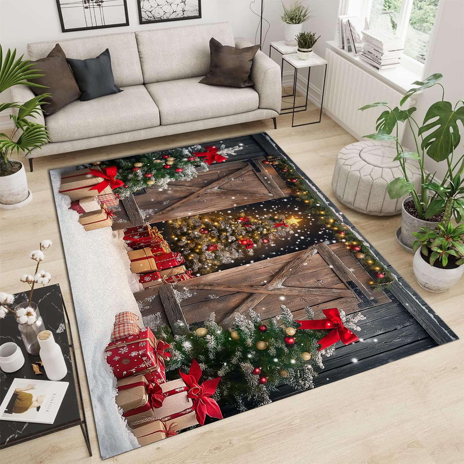 Tapis de salon lavable pour chambre et intérieur chaleureux style arbre de Noël vintage