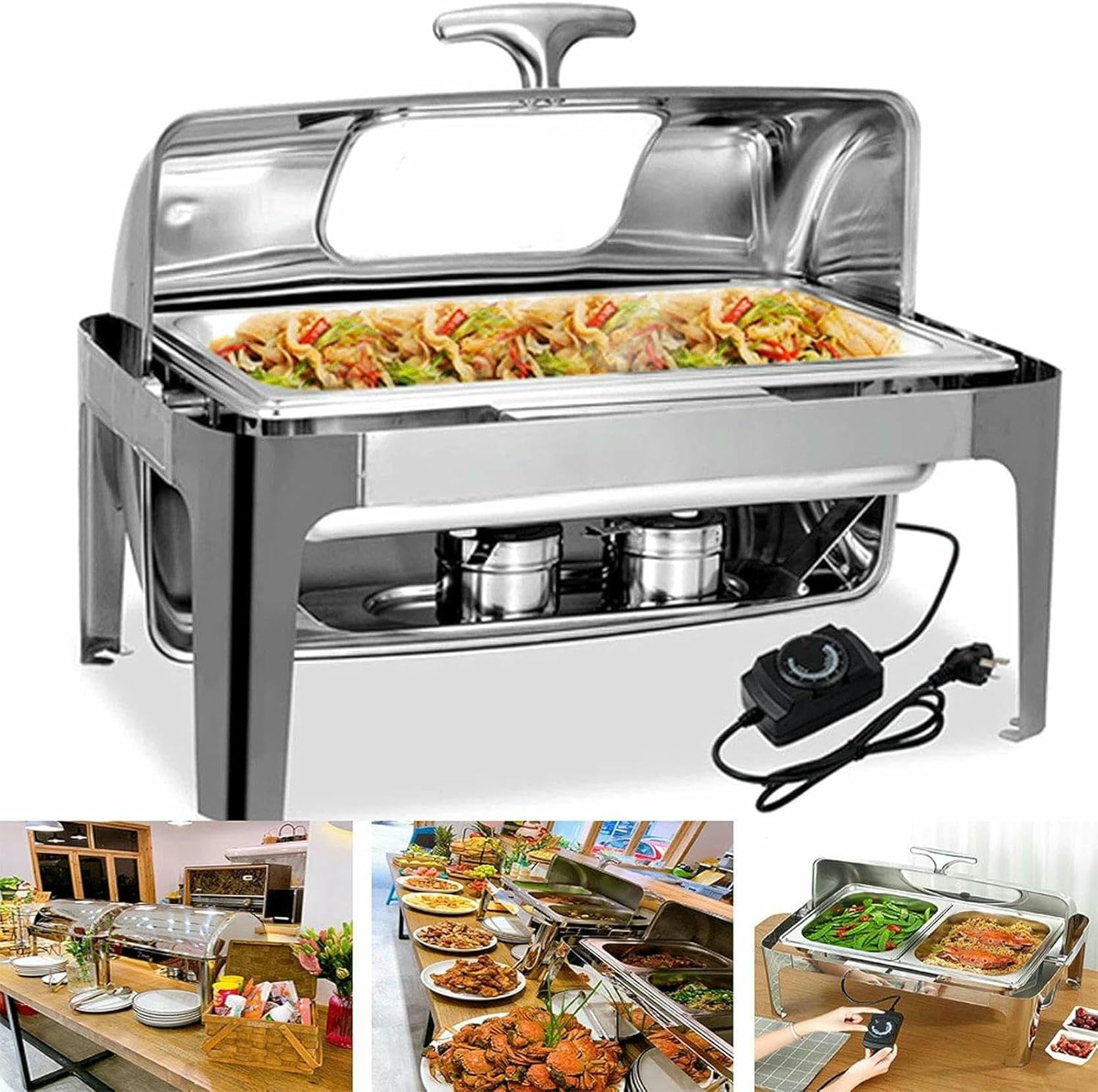 Juego de bufé con plato for calentar alimentos, servidores y calentadores de alimentos de acero inoxidable con tapa, calentadores de alimentos for catering for banquetes, fiestas en la cocina, 9 l, va