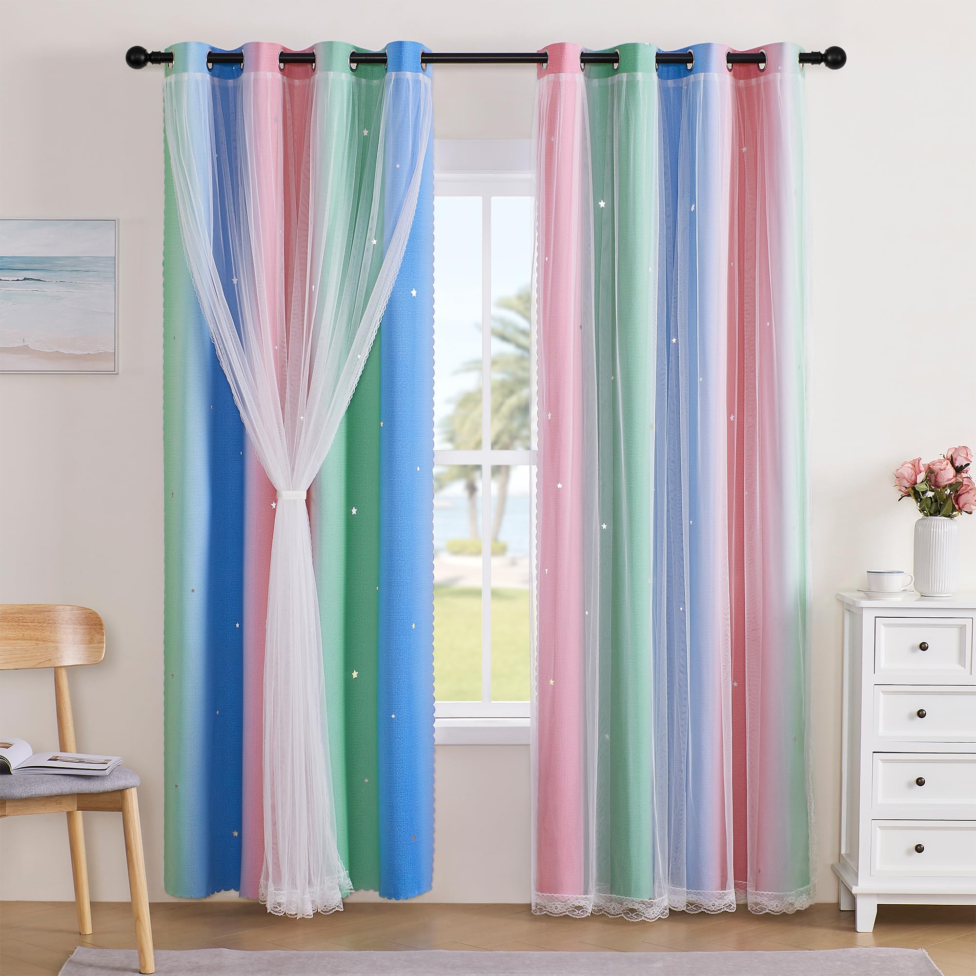 XiDi Curtains for Bedroom Decor, Rainbow Pink GreenBlue52/90/1