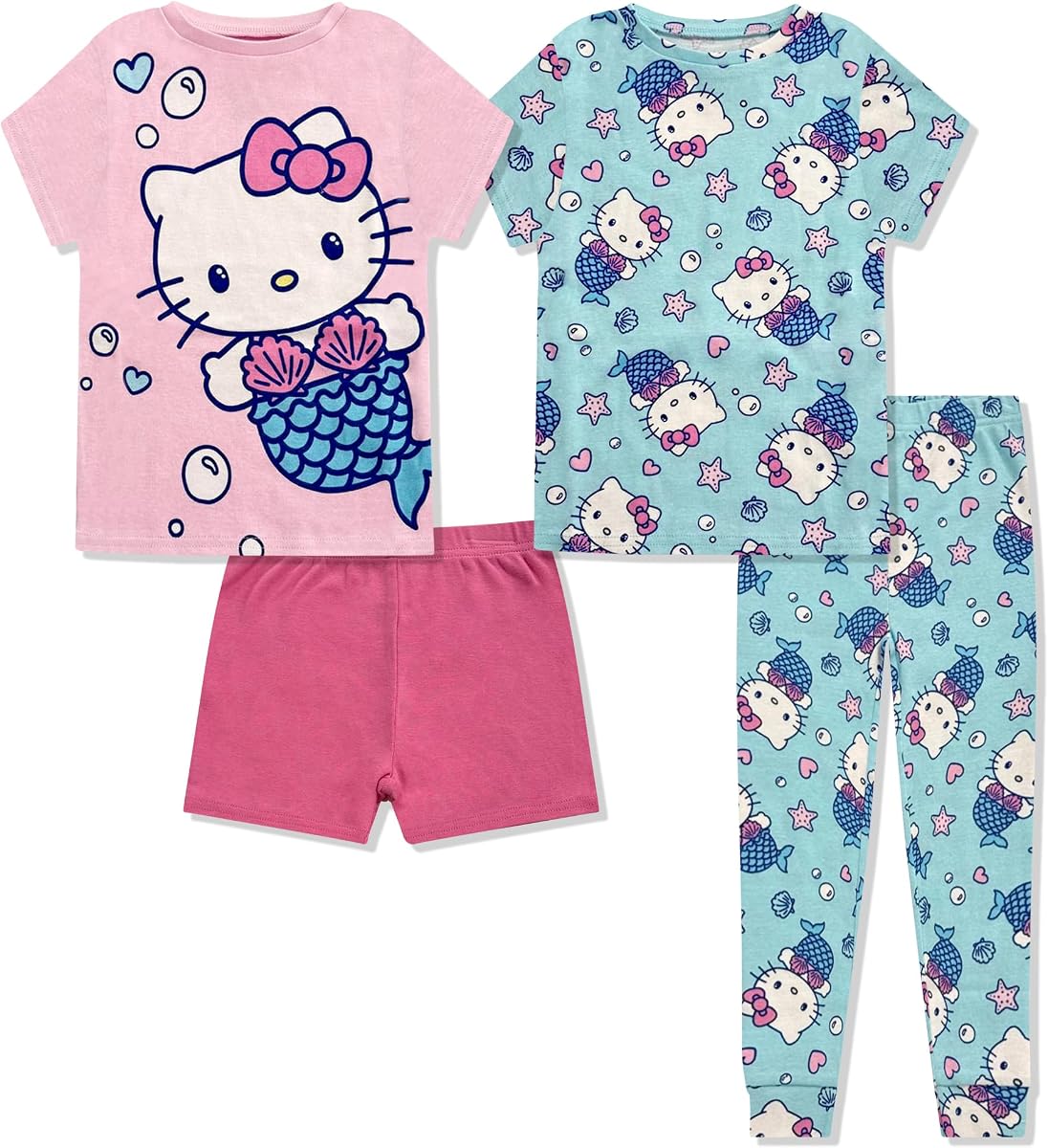 Hello Kitty Girls 4 Piece Pajama Set - Short Sleeve Shirt, Shorts & Pants - 100% Cotton Kids Sleepwear - Official License