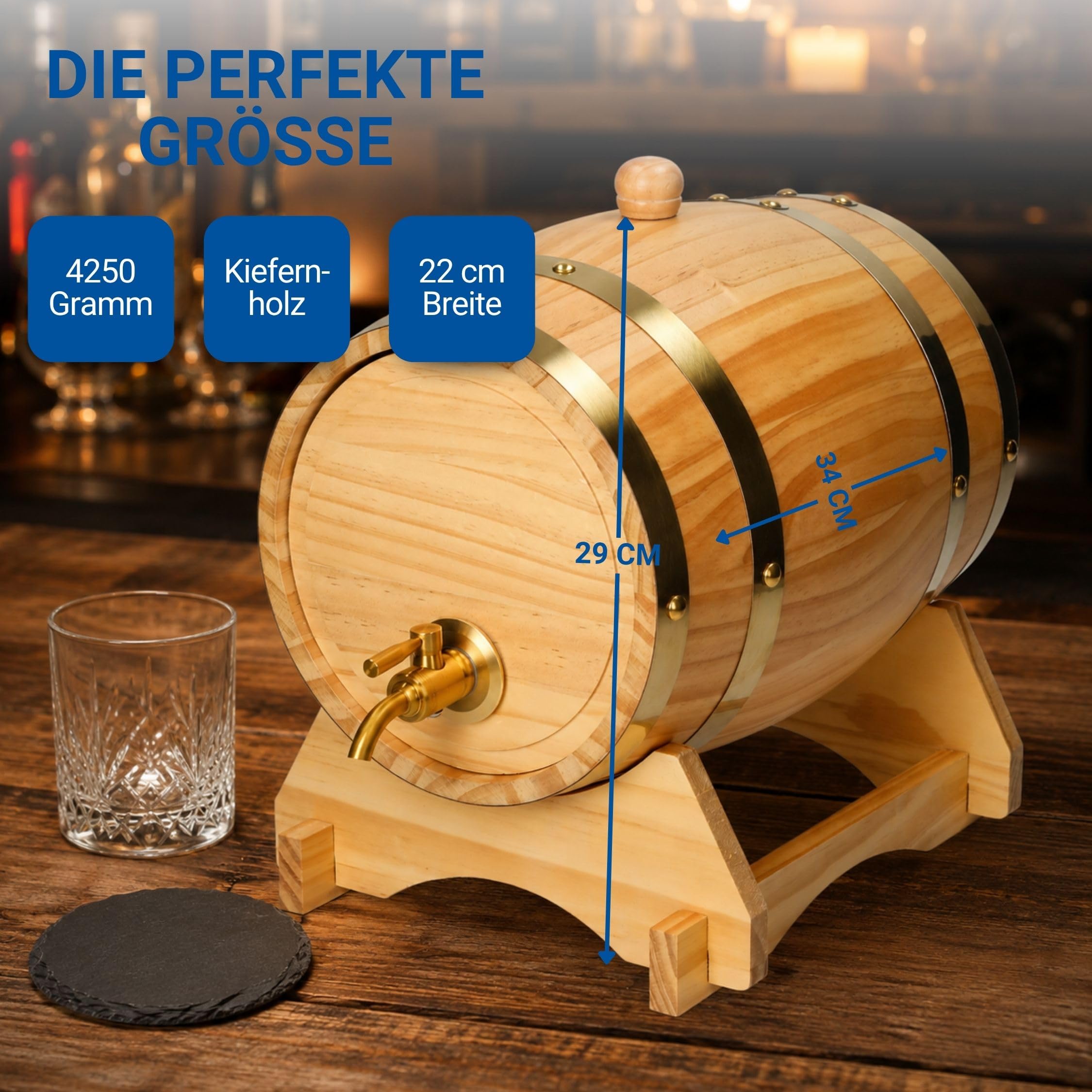 Holzfass 'Timber' 5 l - kleines Weinfass mit Zapfhahn, Beutel und Bock - dekoratives Fass für Whisky, Wein und Schnaps - Geschenkidee