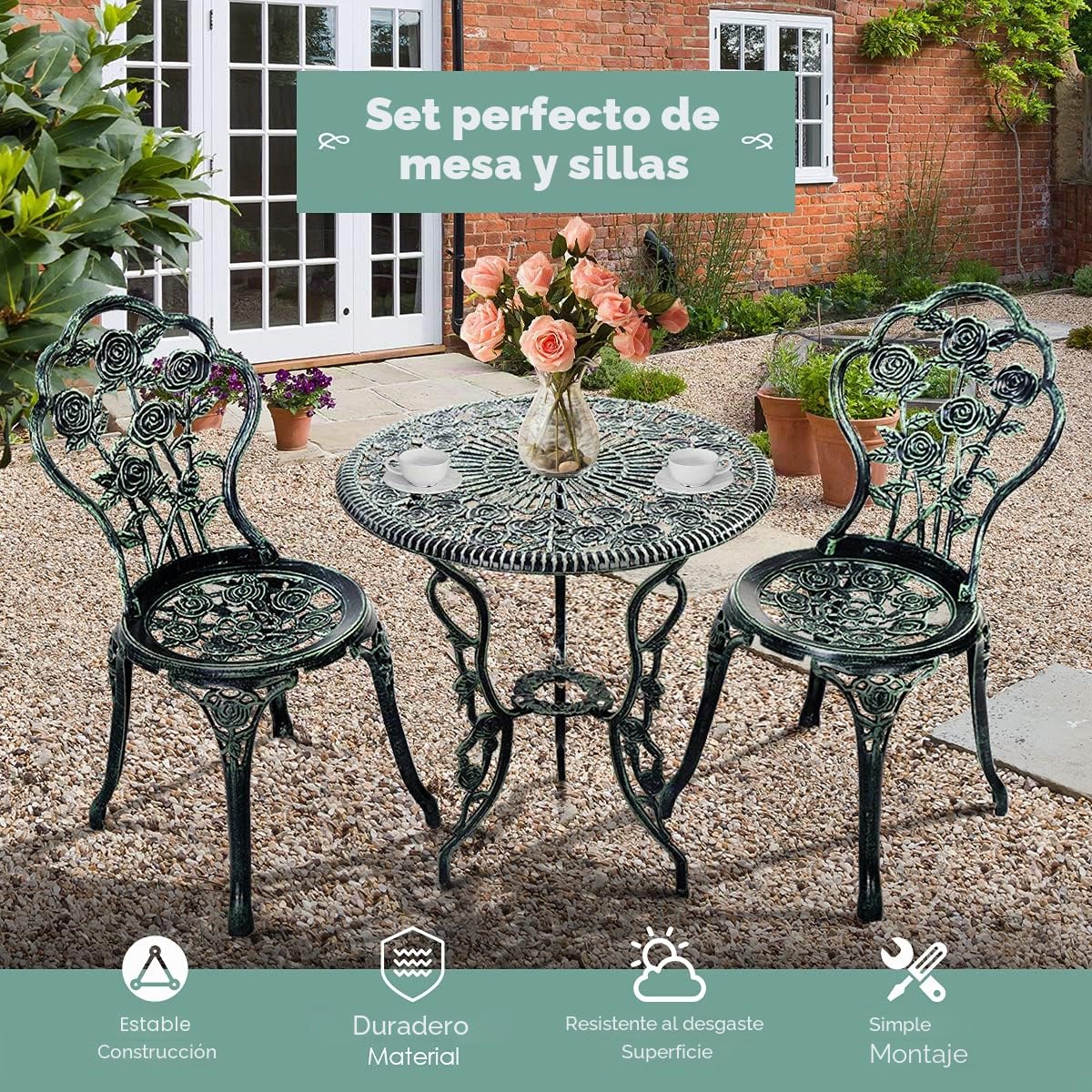 GOPLUS Conjunto de Mesa y 2 Sillas de Aluminio Exteriores para Todo Tipo de Clima con Agujero para Sombrilla, Juego de Muebles para Jardín (Rosa Verde Antigua)