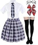 Japanese Tartan Pleated School Uniform Cosplay Costumes with Socks Eyeglass Frame Set