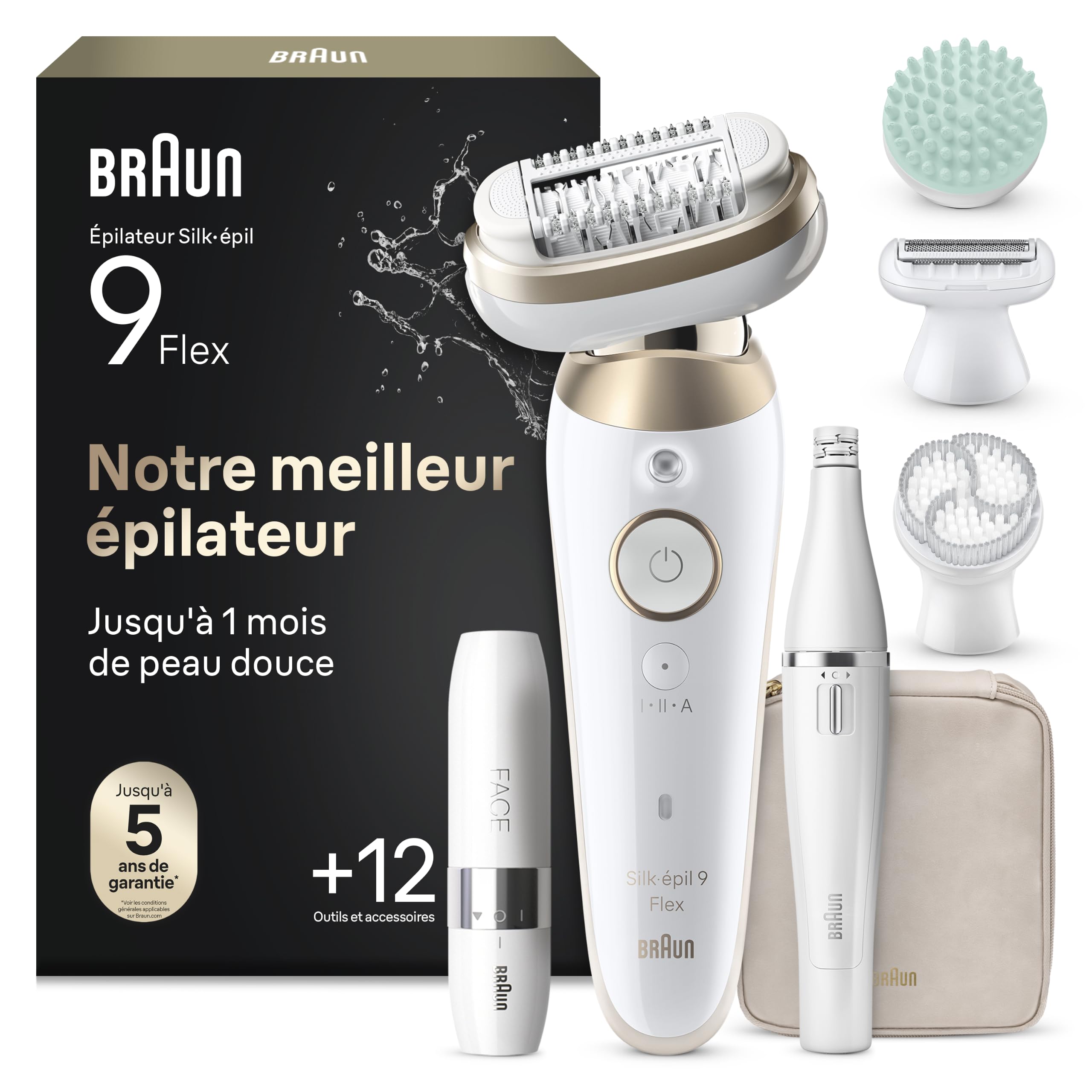 Braun Epilateur Electrique Femme Silk Epil 9, 9-681 3D FaceSpa, Blanc et Or – Etanche, Tête Flexible à 360°, Coffret Epilation Tout-en-Un, Mini Rasoir Visage, Brosse Exfoliante, Sabot Tondeuse