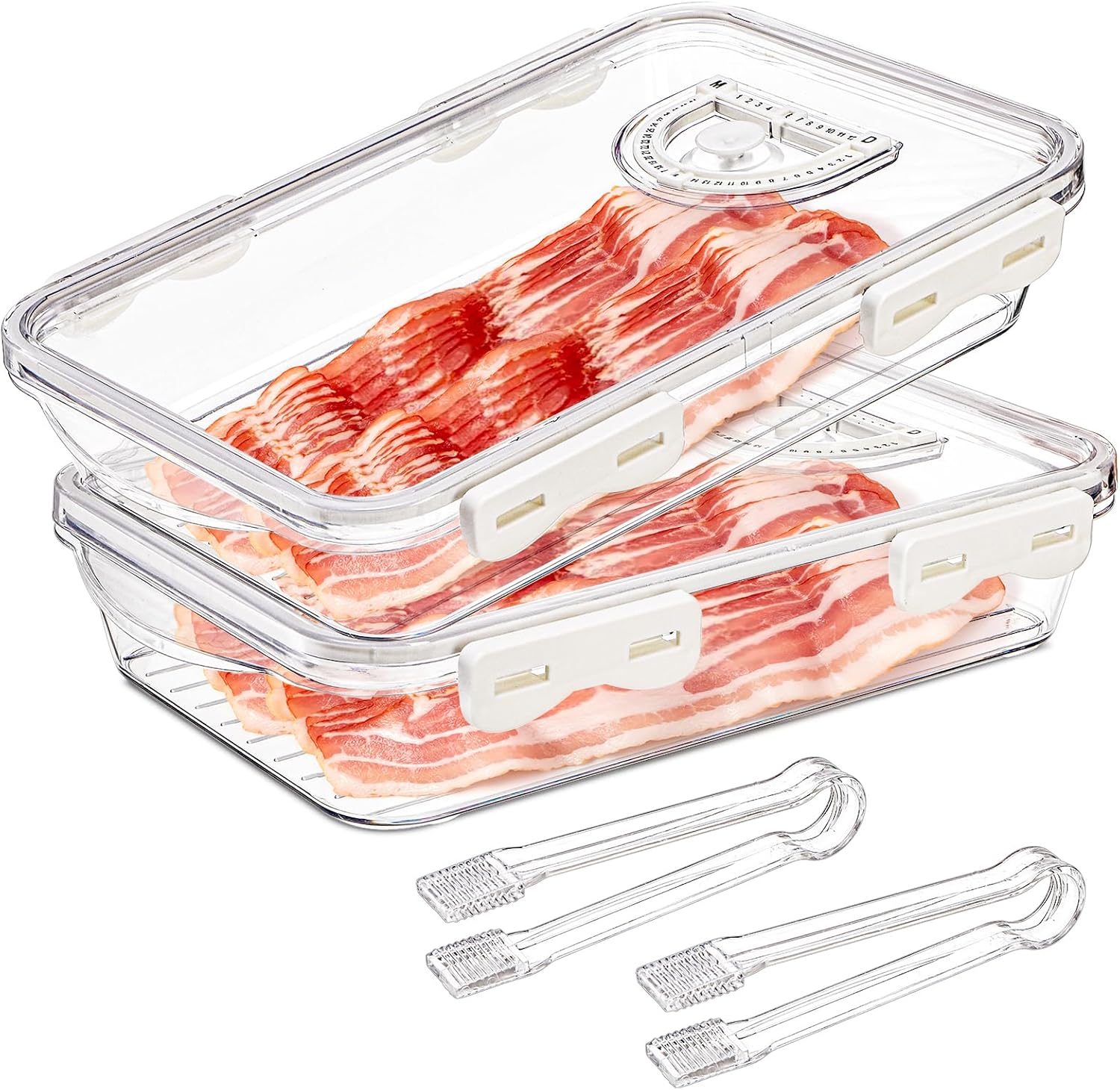 Okllen 2 Pack Bacon Container for Refrigerator, Plastic Cheese & Deli Meat Container with Air-sealed Tight Lids for Fridge, Bacon Keeper with Food Serving Tongs Cold Cuts Food Storage Organizer