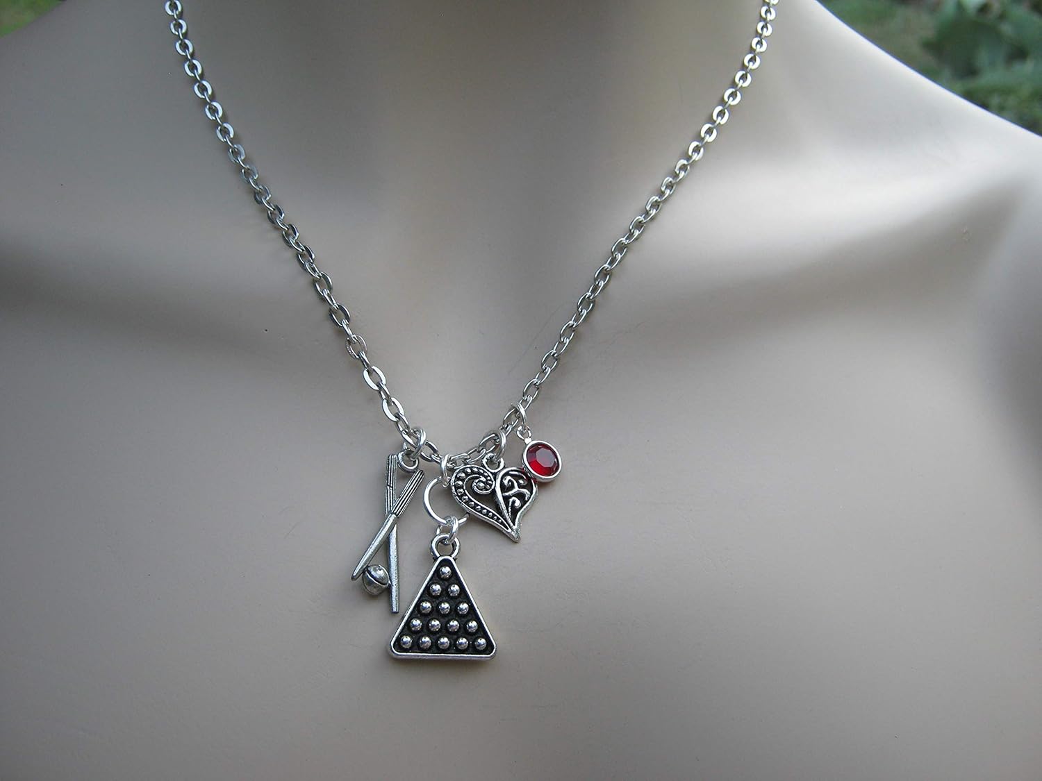 Billiards Bithstone Necklace, Snooker Jewelry, Personalized Jewelry, Pool Shark, Heart Pool Cue and Balls