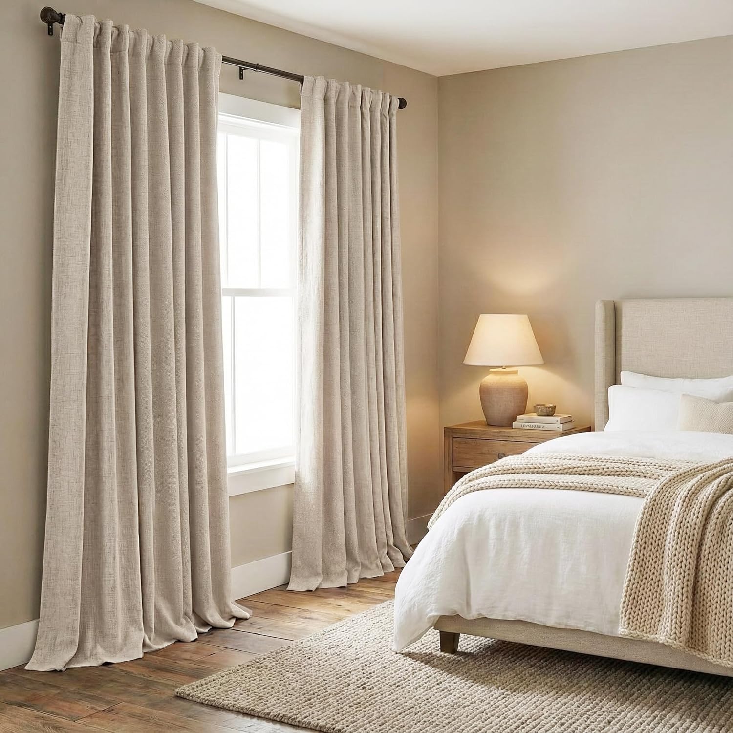 PONY DANCE Beige Linen Blackout Curtains 84 Inch Long for Bedroom Living Room, Cream Back Tab/Rod Pocket Full Black Out Drapes Rustic Farmhouse Curtains for Window, 52" X 84" 7 FT, 2 Panels, Natural