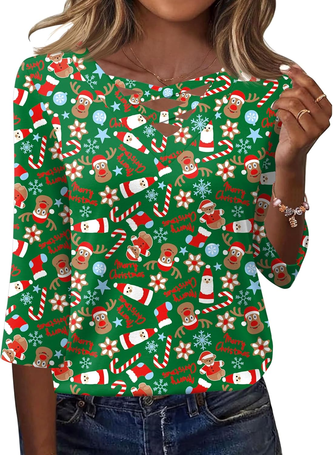 Rapbin Women Blouses Dressy Casual Spring Tops 3/4 Length Sleeve Womens T Shirts V Neck Criss Cross Tees