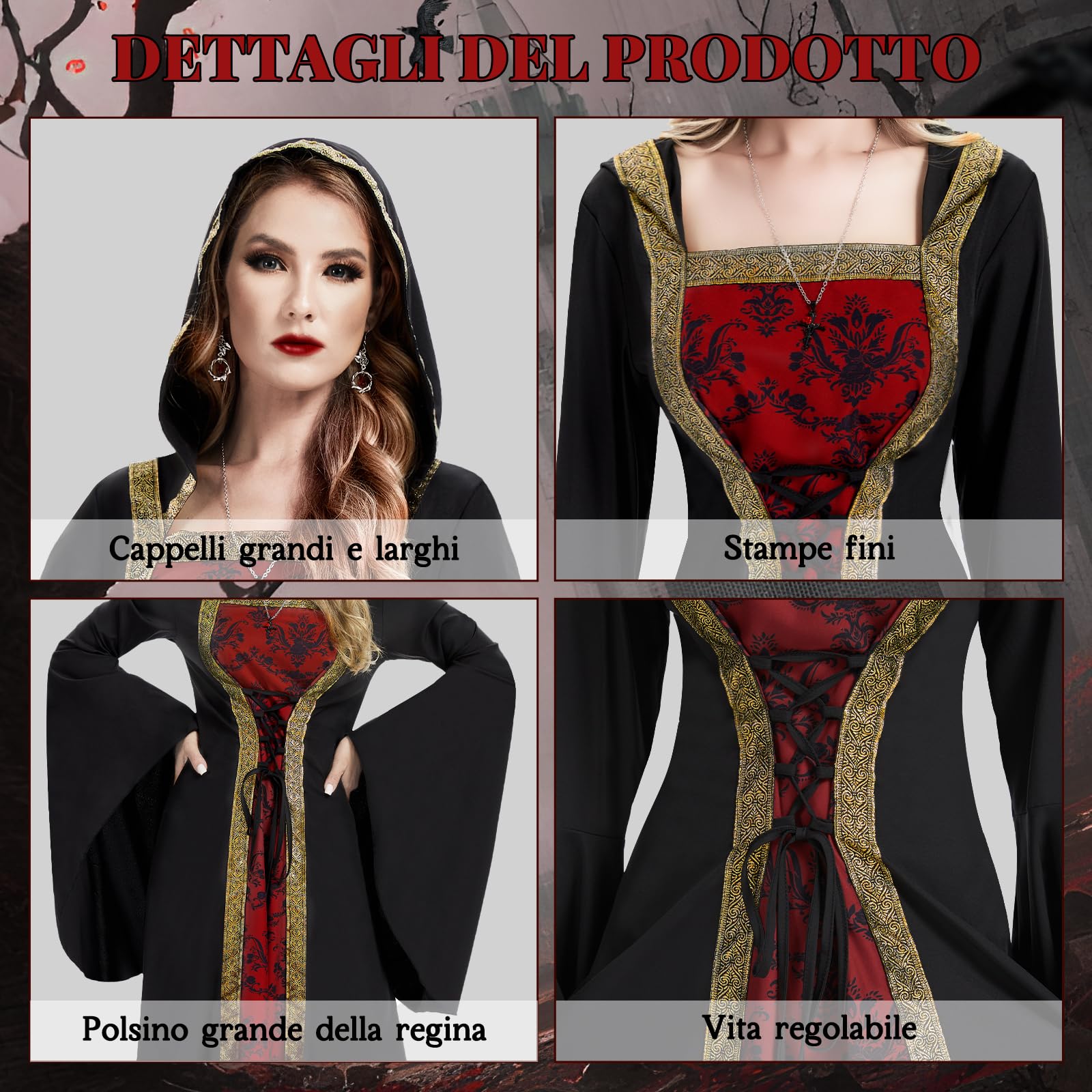 IEEILULU Vestito Vampira Donna, Vestito Medievale Donna Costume Vampiro, Costumi Halloween con Collana e Orecchini, Costumi per il Ballo in Maschera di Halloween