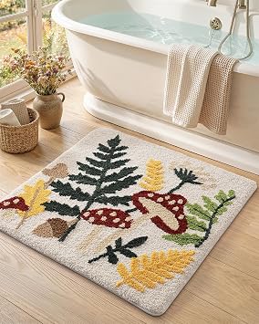 DEXI Square Bathroom Rug 24x24, Boho Forest Mushroom Bath Mat, Green Leaf Monstera Bath Rugs, Non Slip, Washable, Absorbent, Soft Microfiber Bathmat for Shower Floor, Sink, Beige