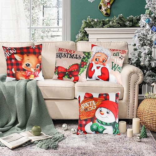 Miniatura 7 de LOKIPA Juego de 4 fundas de almohada de Navidad de 17 x 17 pulgadas, juego de 4 fundas de cojín de Navidad para el hogar, dormitorio, habitación,