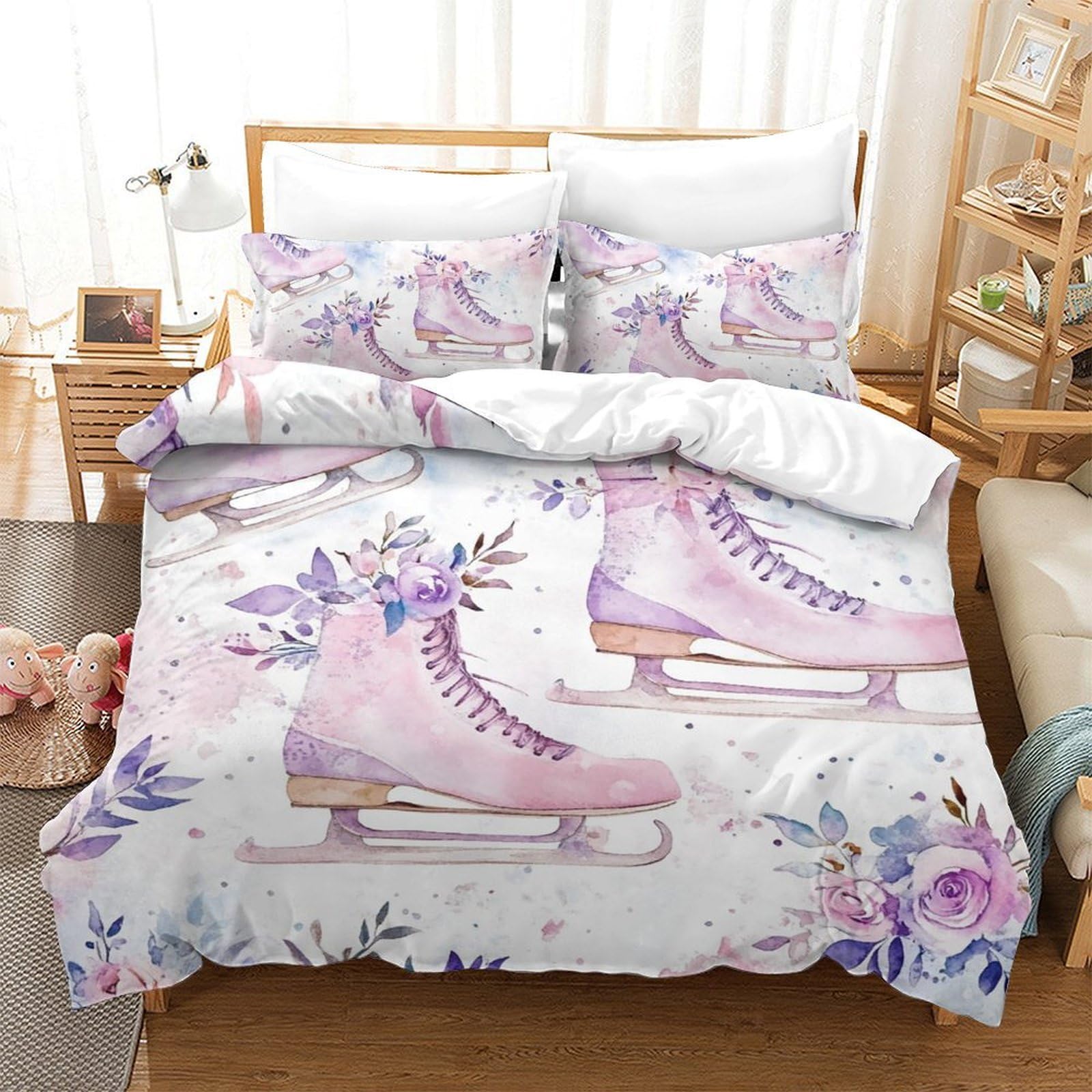 Housse de couette Patins à glace 135x200 parure de lit rose et violette avec taie d'oreiller