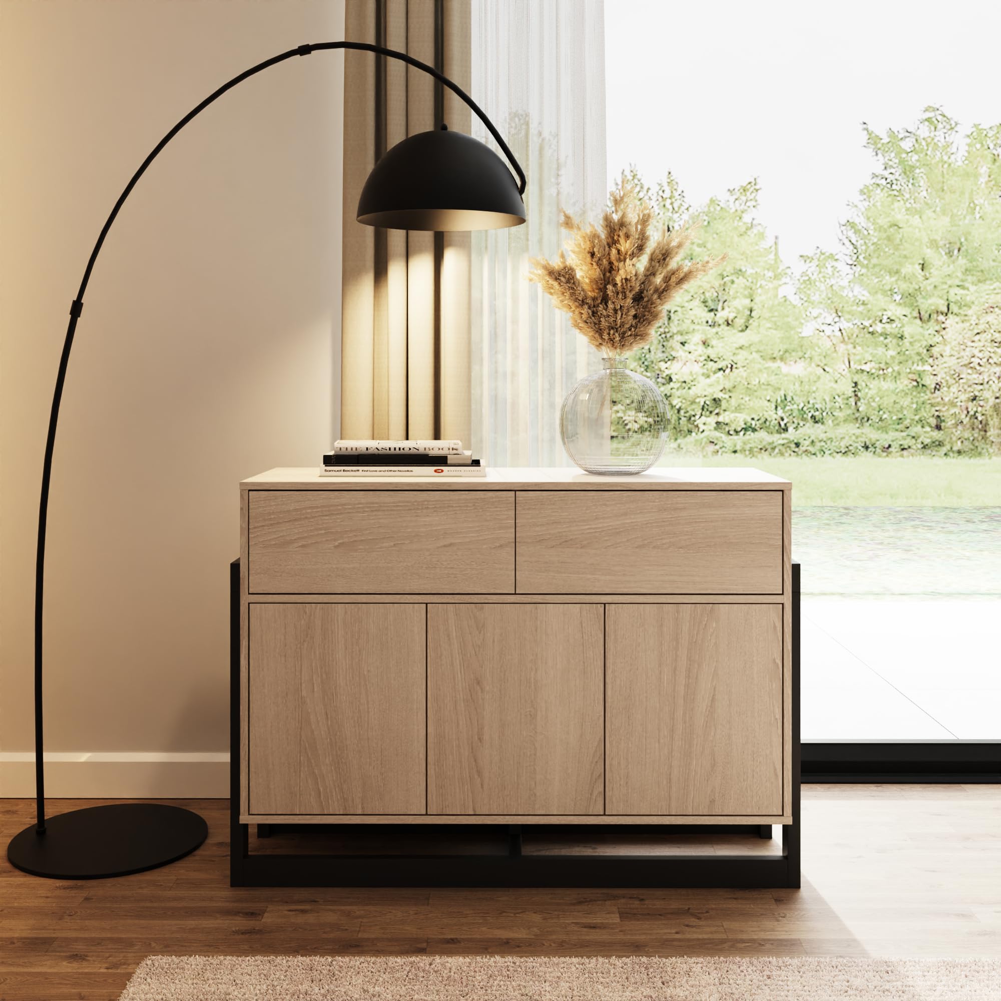 GFW Taite Oak 3 Door 2 Drawer Sideboard, Modern Storage Cabinet with Black Metal Legs, Large Oak Effect Sideboard for Living Room, Dining Room and Hallway