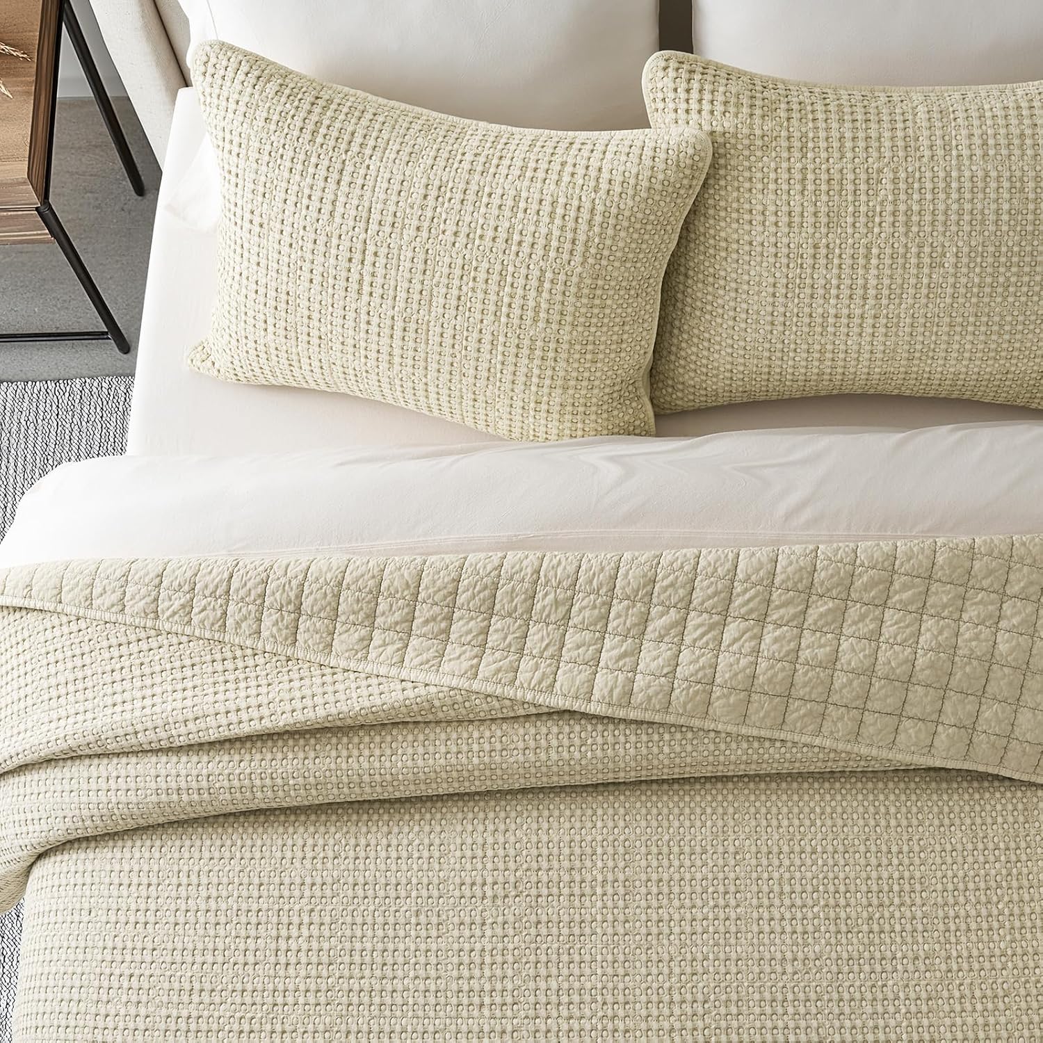 EverGrace Stonewashed 100% Natural Cotton Waffle Quilt Set Queen Size 3 Pieces, Durable, Textured & Substantial Bedding, Quilted Coverlet Bedspread with 2 Shams for All Seasons, Natural | Waffle Weave, 100% Cotton, Stonewashed, Box Stitch Design