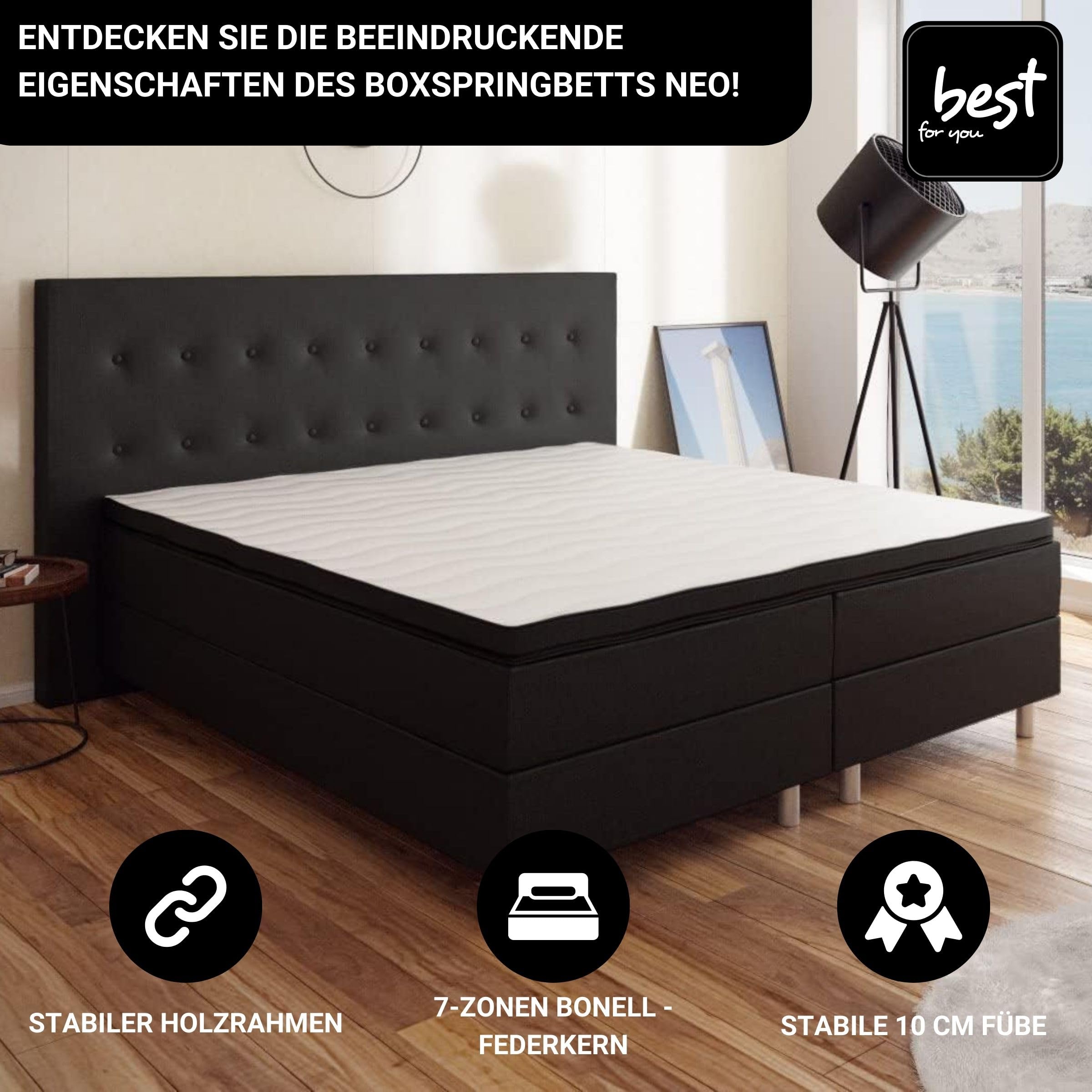 Lit Boxspring BEST FOR YOU Neo - 180x200 Cm - Avec Sommier Et Matelas Ressorts - 6