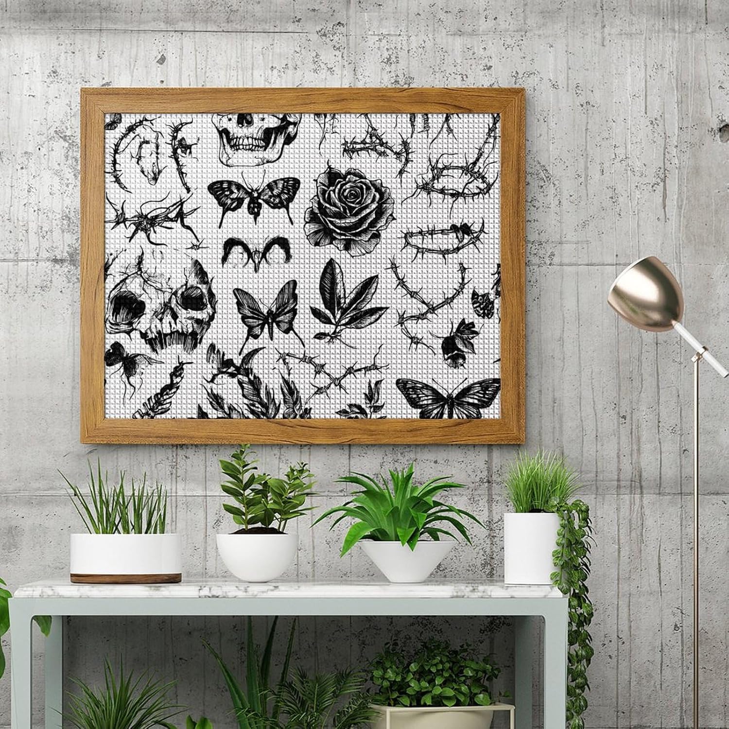 Death Roses Skull Thorn Flowers Printed Diamond 5D Painting Kits DIY Full Drill Crafts for Home Wall Decor 16x20 Inch Yellow Wood 50 * 40cm