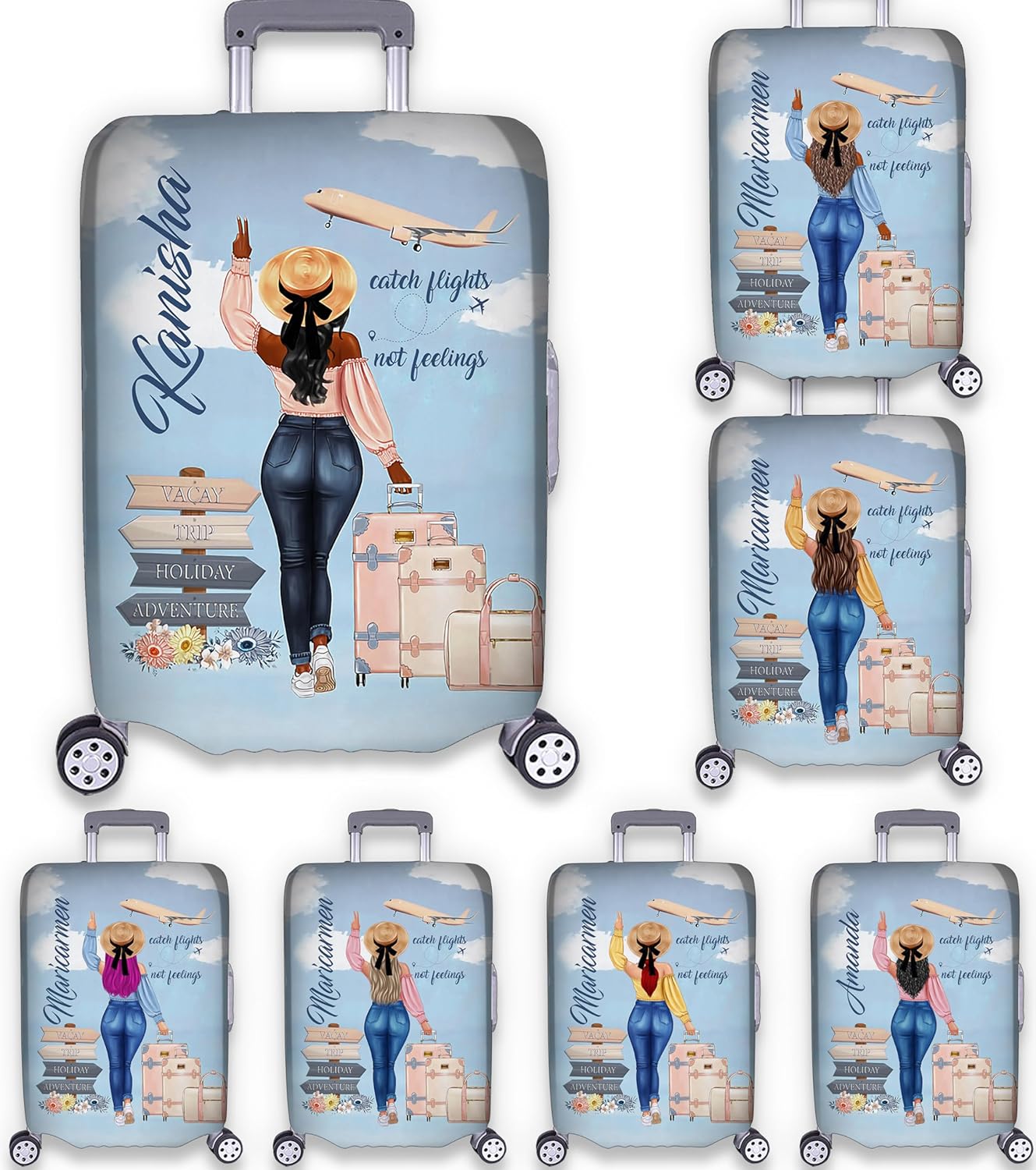 Personalized Name Catch Flights Not Feelings Luggage Cover Travel Luggage Cover Protector Travel Bag Covers Travel Bag Covers Gift for Traveling Lovers Travel Girl Luggage Cover 5