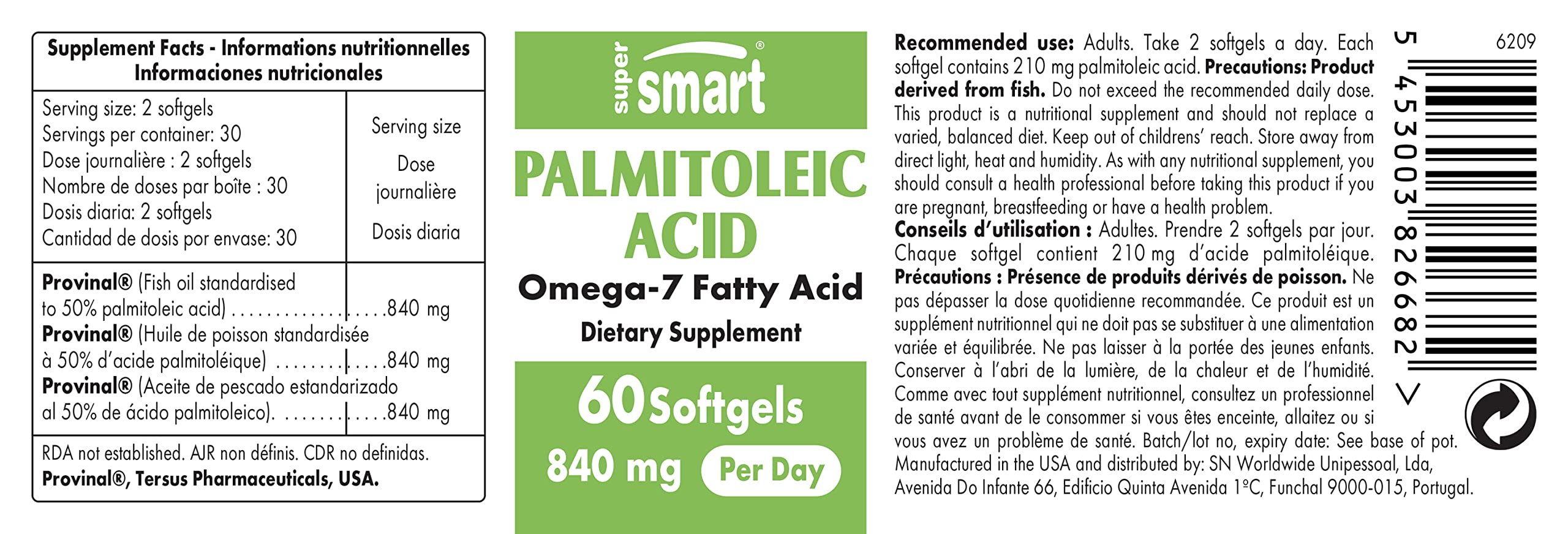 Ácido palmitoleico, 840 mg al día - Protege el corazón - SuperSmart | Omega 7 patentado (Provinal®) - Aceite de pescado - Suplemento para la piel - Favorece los niveles de colesterol