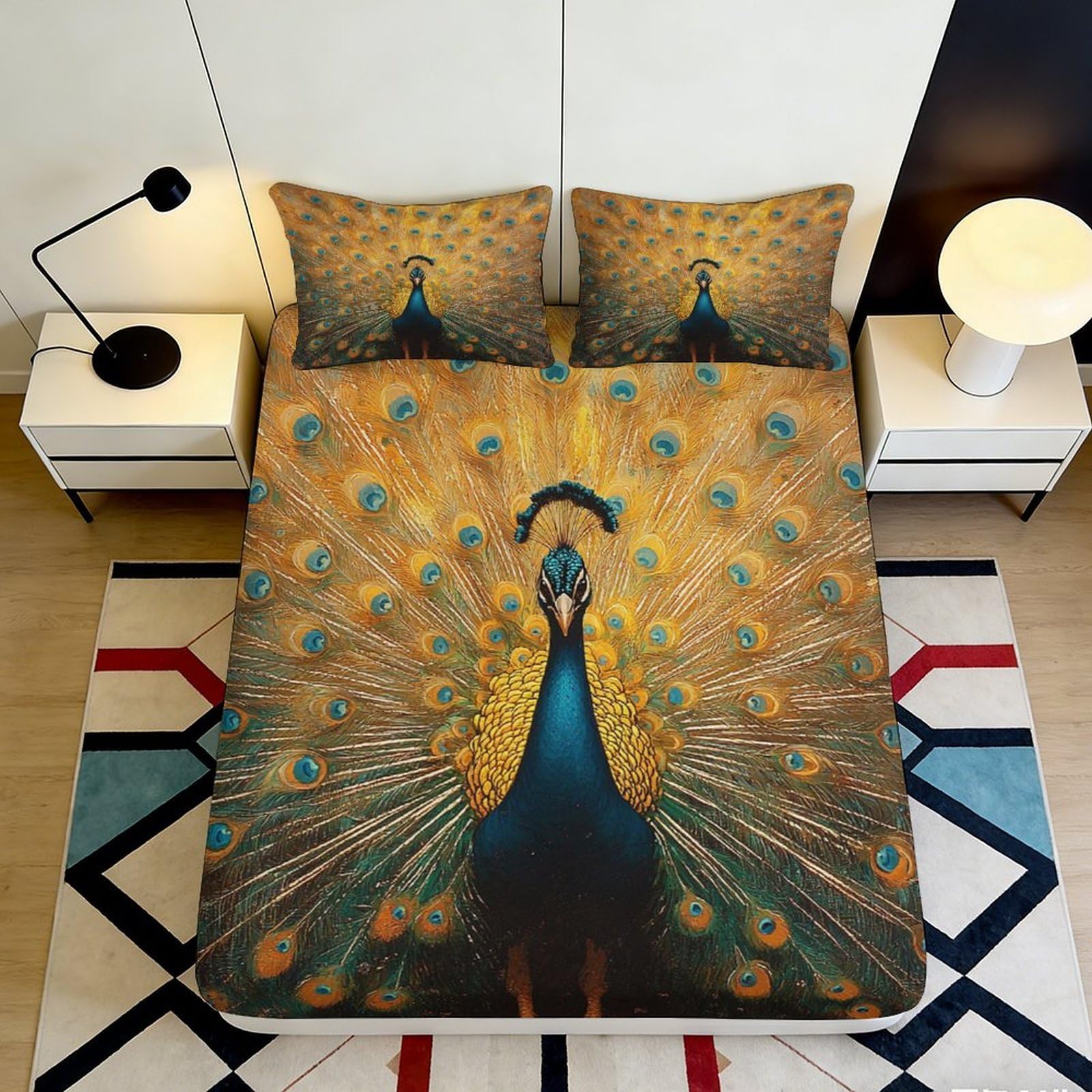 3D Printed Peacock Feather Fitted Sheet Microfiber Soft Art Mattress Cover for Bedroom Guest Room Decor Protection 90x200x25cm