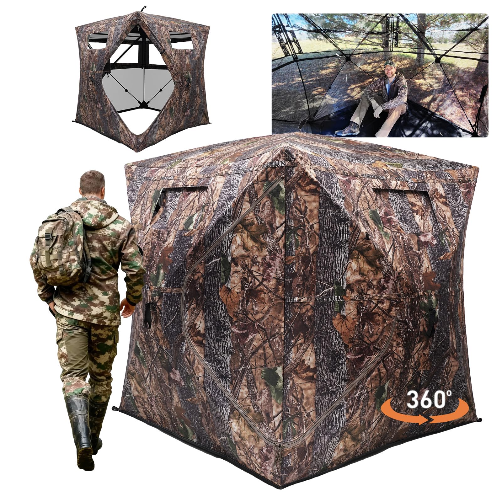 FUNHORUN Hunting Blind with Floor Mat, 360 See Through Ground Blind, Pop Up