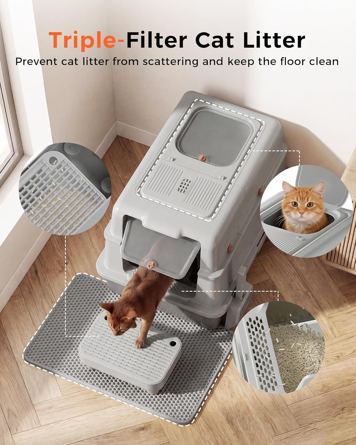 GTPLAYER XXXL Stainless Steel Cat Litter Box with Lid, Dual-Entry Enclosed Litterbox (Front Entry & Top Exit), High-Sided, Non-Stick, Odor Control, for Big Cats, with Mat, Scoop & Step, Grey