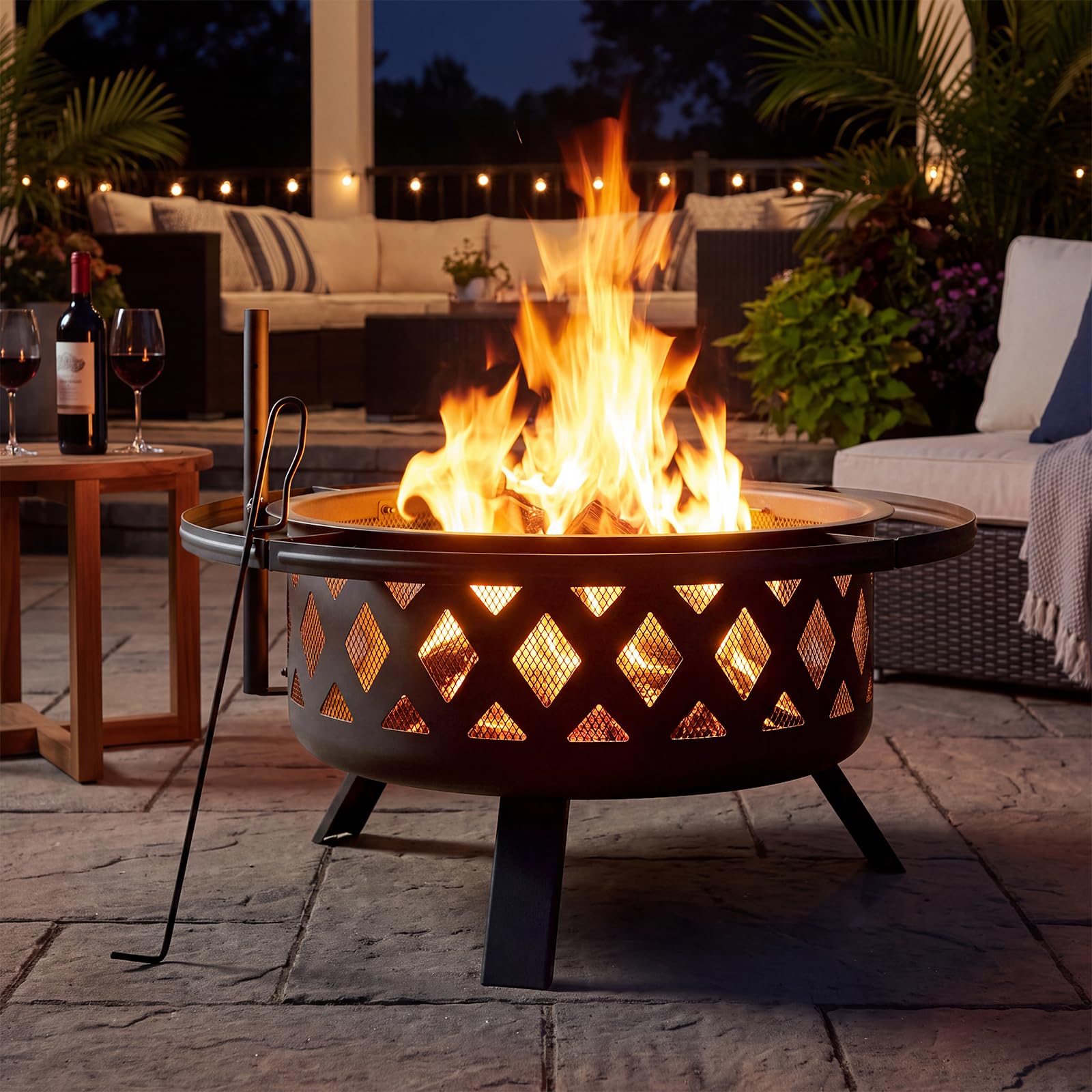 Aoxun 2-in-1 Outdoor Fire Pit with Grill, 360°Rotating Grill with Adjustable Height, BBQ Fire Bowl for Garden & Patio, Spark Screen & Fire Poker, Black