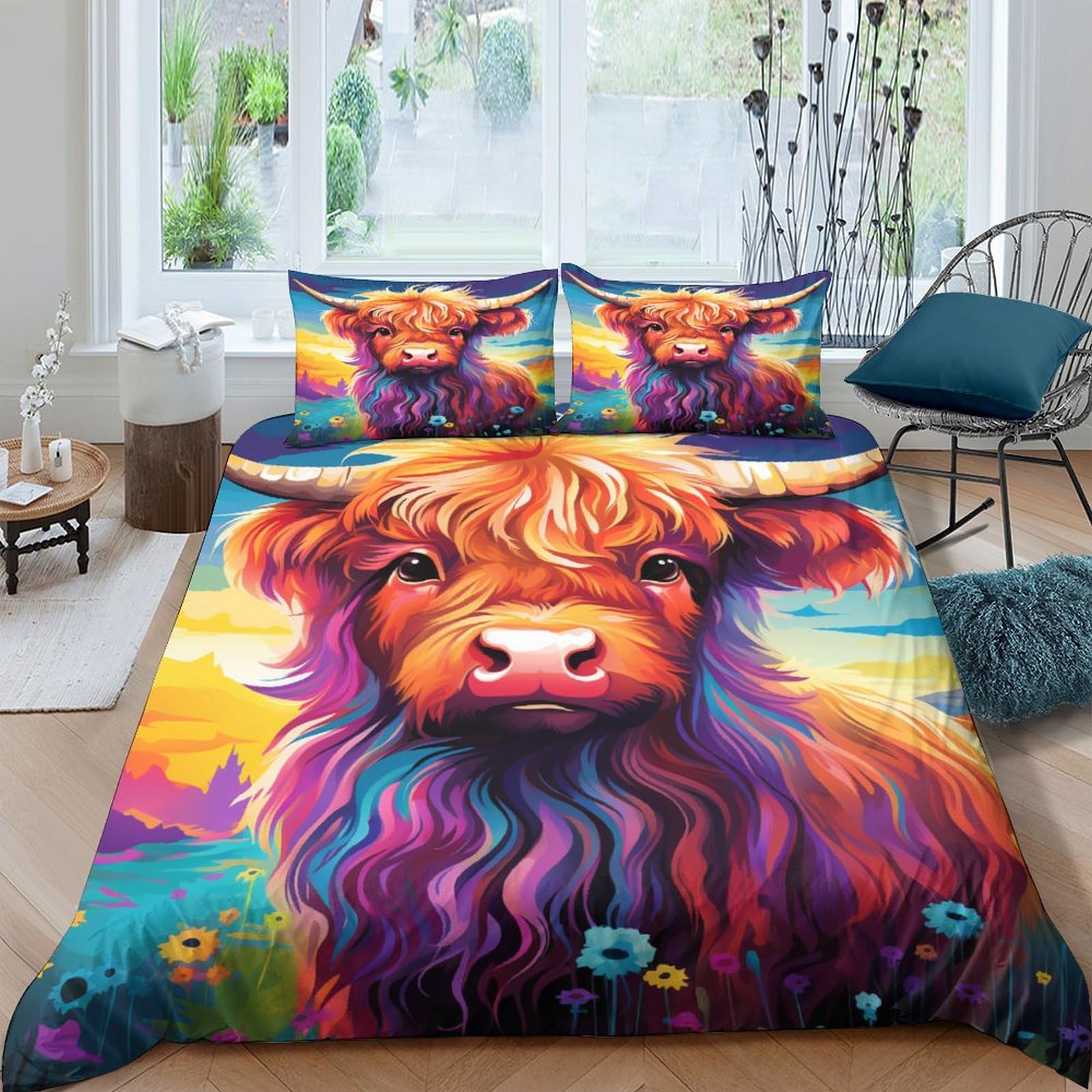OPANZYYDE Highland Cow 3D Printed Duvet Cover Set 3 Pcs Bedding Set,Soft,Pillowcases, Quilt Cover Easy Care Anti-Allergic And Smooth for Kid Teens Boys And Girls Man King（220x240cm）