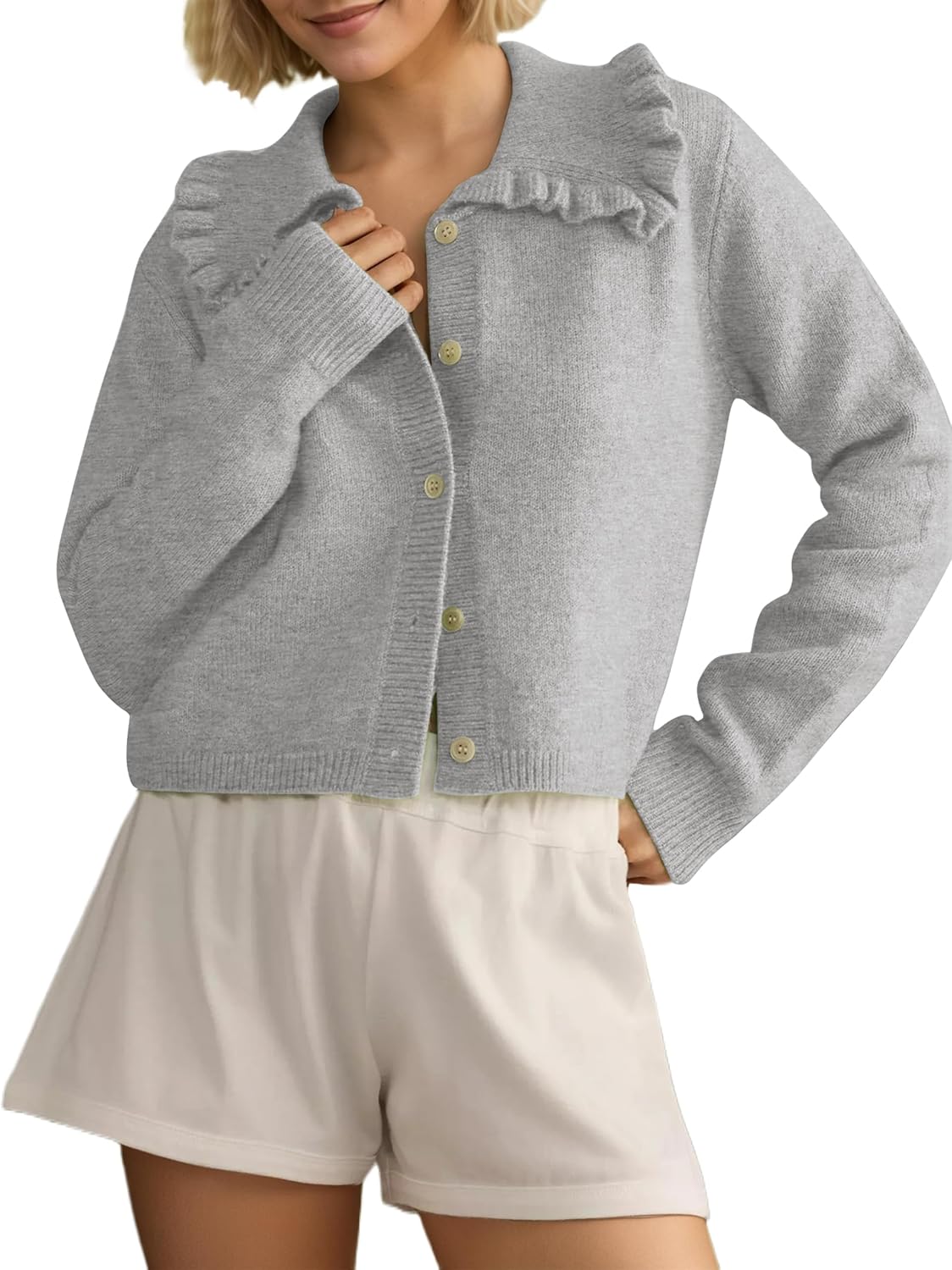 MISSACTIVER Women Ruffle Collar Cropped Cardigan Casual Lapel Button Down Sweaters Long Sleeve Open Front Knit Jacket