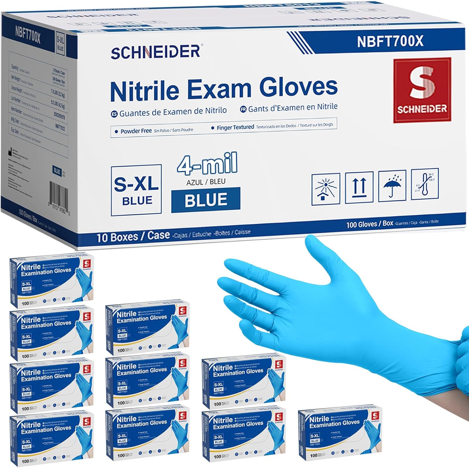 Schneider Nitrile Exam Gloves, Blue, 4 mil, Powder-Free, Latex-Free, for Medical Exam, Cleaning and Food Prep, Non-Sterile