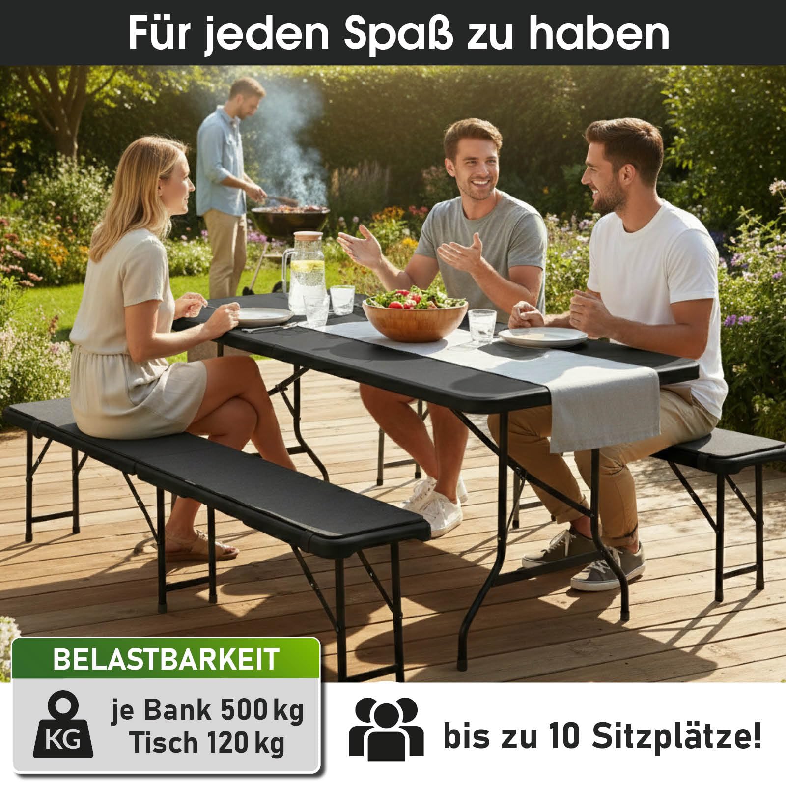 BRAST Bierzeltgarnitur Josef | 3er Set klappbar | 1x Tisch 180x74x74cm & 2X Sitzbank | für 10 Personen | 2 Varianten | inkl. Gratis Zubehör | Einrastsystem & Tragegriffe | Schwarz