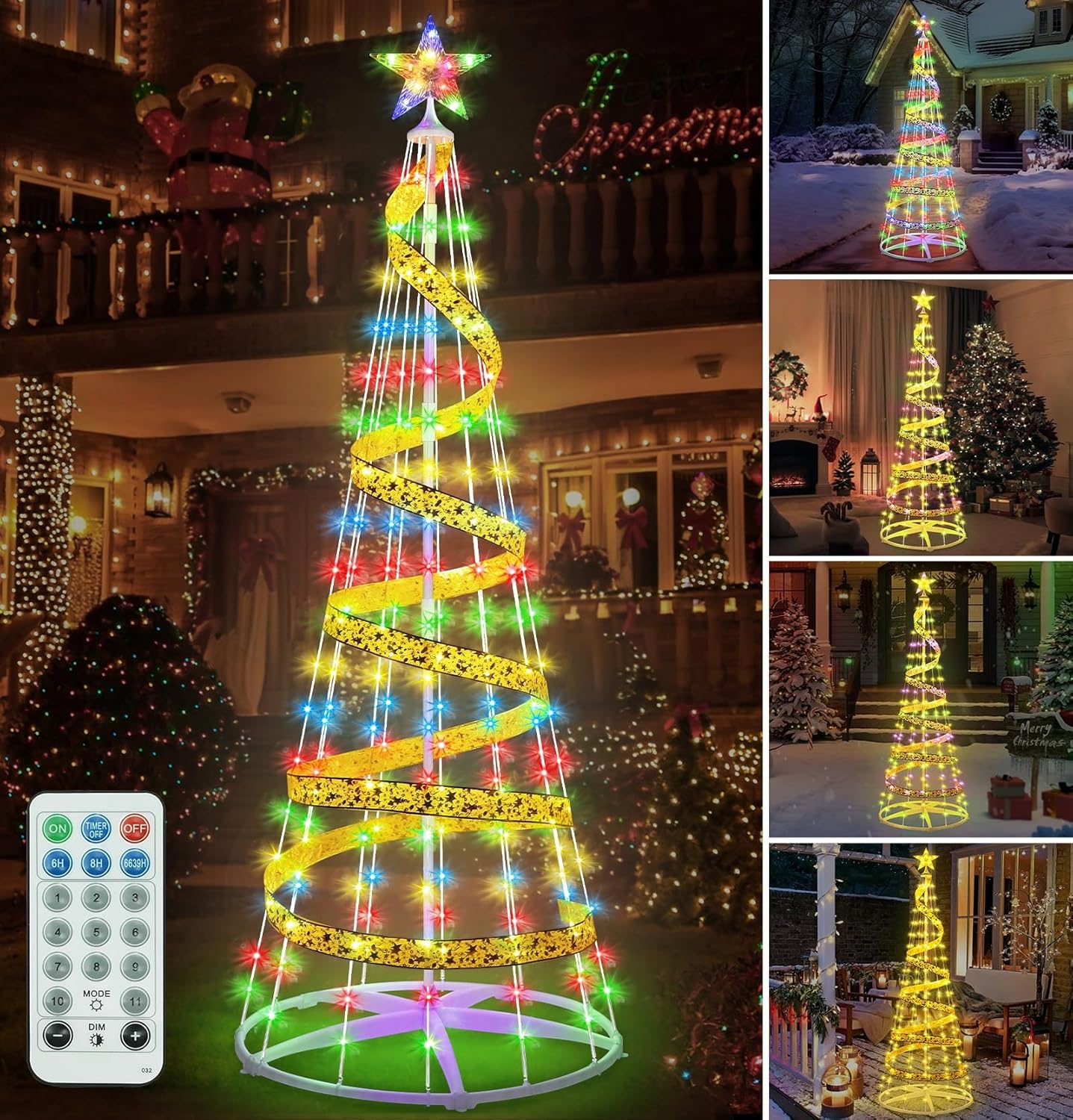 [11 Modes & Timer] 6 FT LED Christmas Tree Cone Lights Color Changing, 180 LED Outdoor Christmas Cone Tree with 11 Modes Timer Remote for Indoor Outside Yard Porch Xmas Decor Multicolor & Warm White Style 1