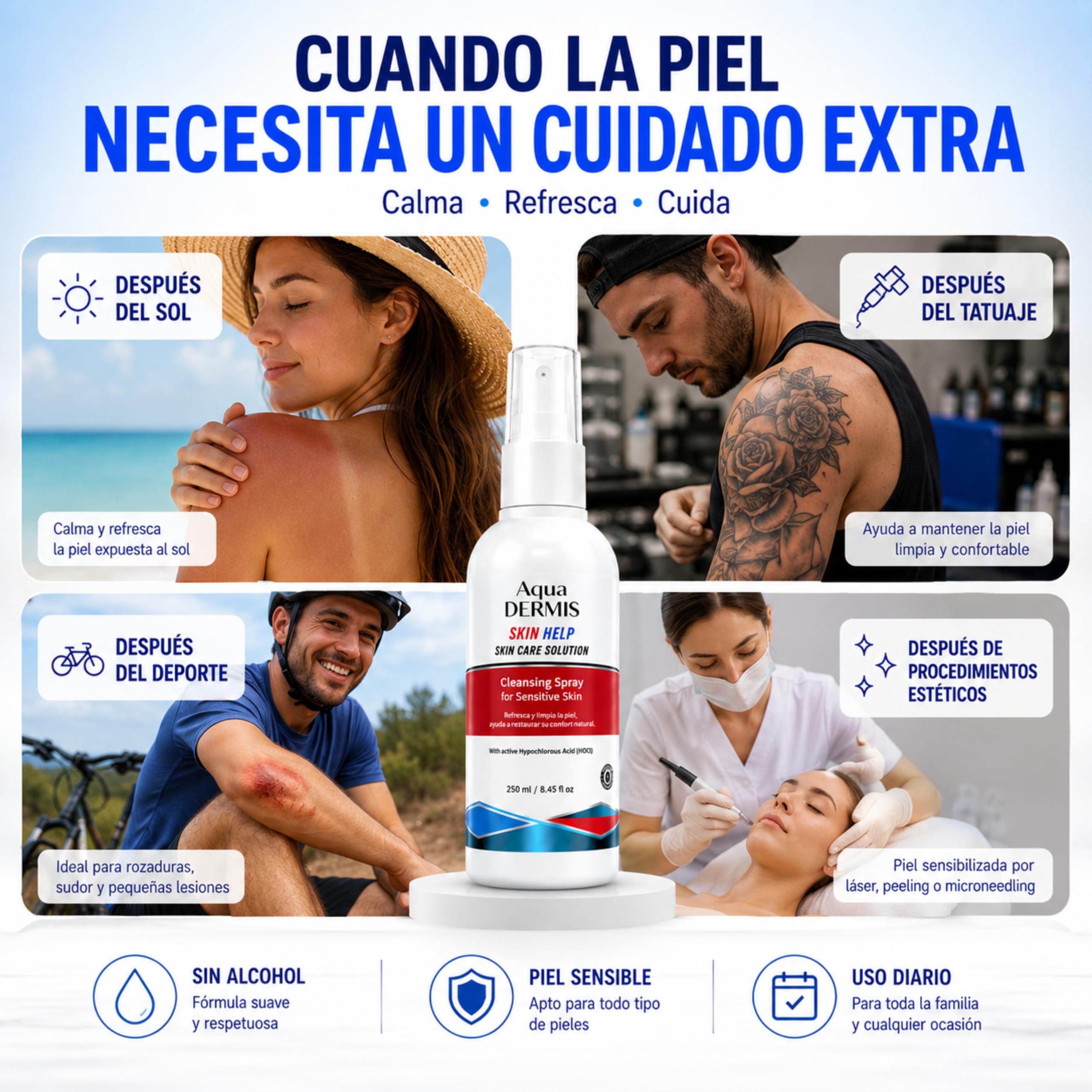 Spray per terapia delle ferite con acido ipocloroso, disinfettante naturale per ferite, ustioni, acne, eczema e tatuaggi, senza alcool, sicuro per pelli sensibili, 250 ml