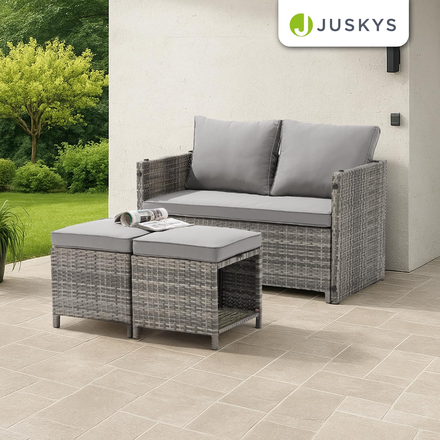 Juskys Ensemble mobilier de Jardin 2 en 1 en polyrotin Jamaika - Table, canapé Lounge - Salon de Balcon ou d’extérieur Gris chiné