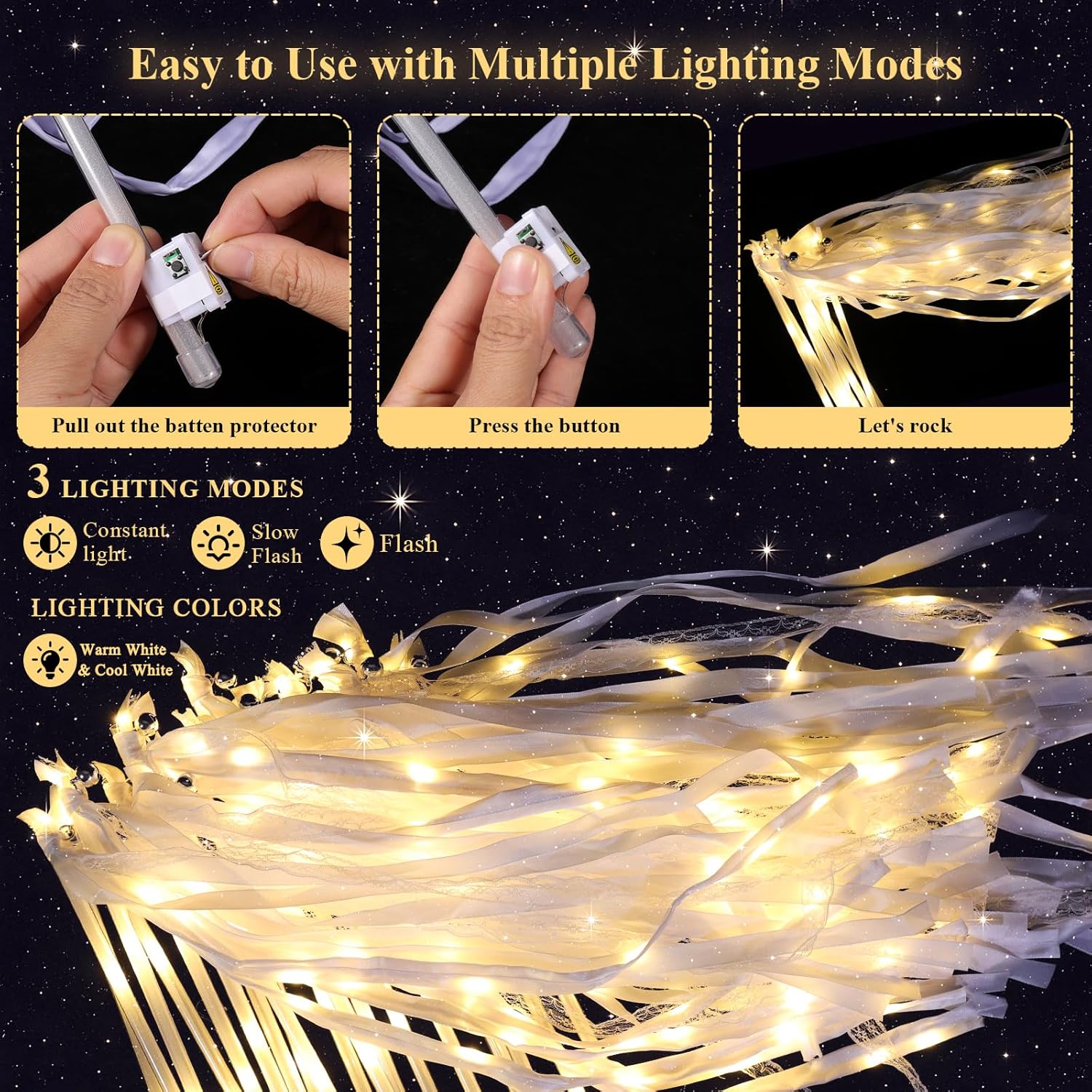 100 Wedding Send Off Light Up Wands with Sunny Yellow LED Ribbons, Bells & Streamers - Safe Photo Sparkler Alternative for Grand Exit, Favors, Kids Dance, Quinceañera