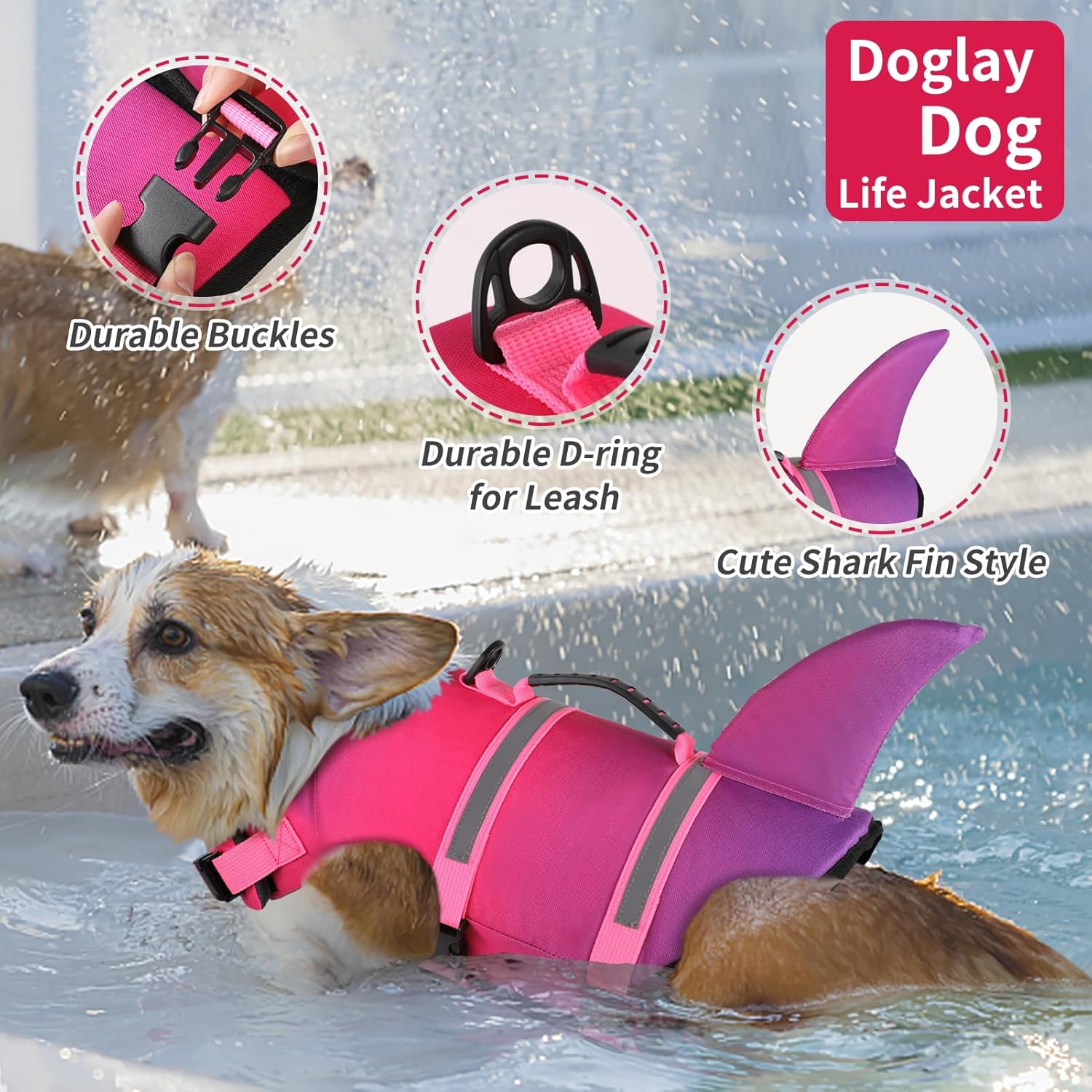 Doglay Dog Life Vest, Ripstop Cute Shark Dog Life Jacket with Superior Buoyancy and Rescue Handle, Adjustable Dog Life Vests for Boating Swimming, Pet Flotation Vest for Small Medium Large Dogs