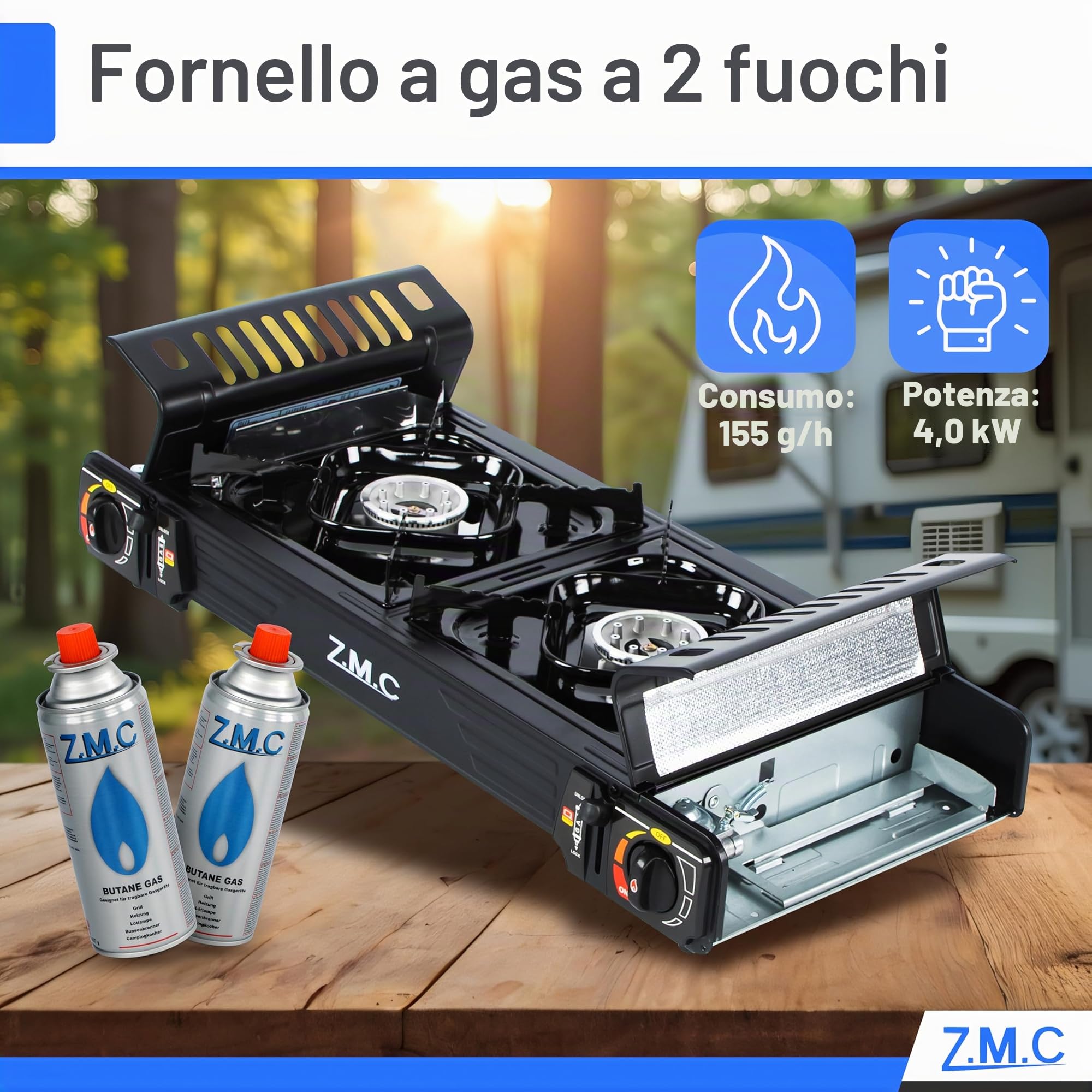Z.M.C Fornello a Gas da Campeggio con 2 Fuochi e Piastra 45 x 24 cm, 8 Cartucce da 227g, Dispositivo di Sicurezza per Esterni ed Interni