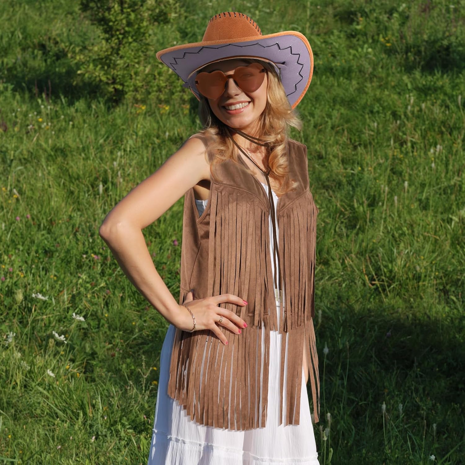 Western Cowgirl Outfits for Women Tassel Fringe Cowgirl Vest Costume Sleeveless Faux Suede Tassels Jacket - Image 5