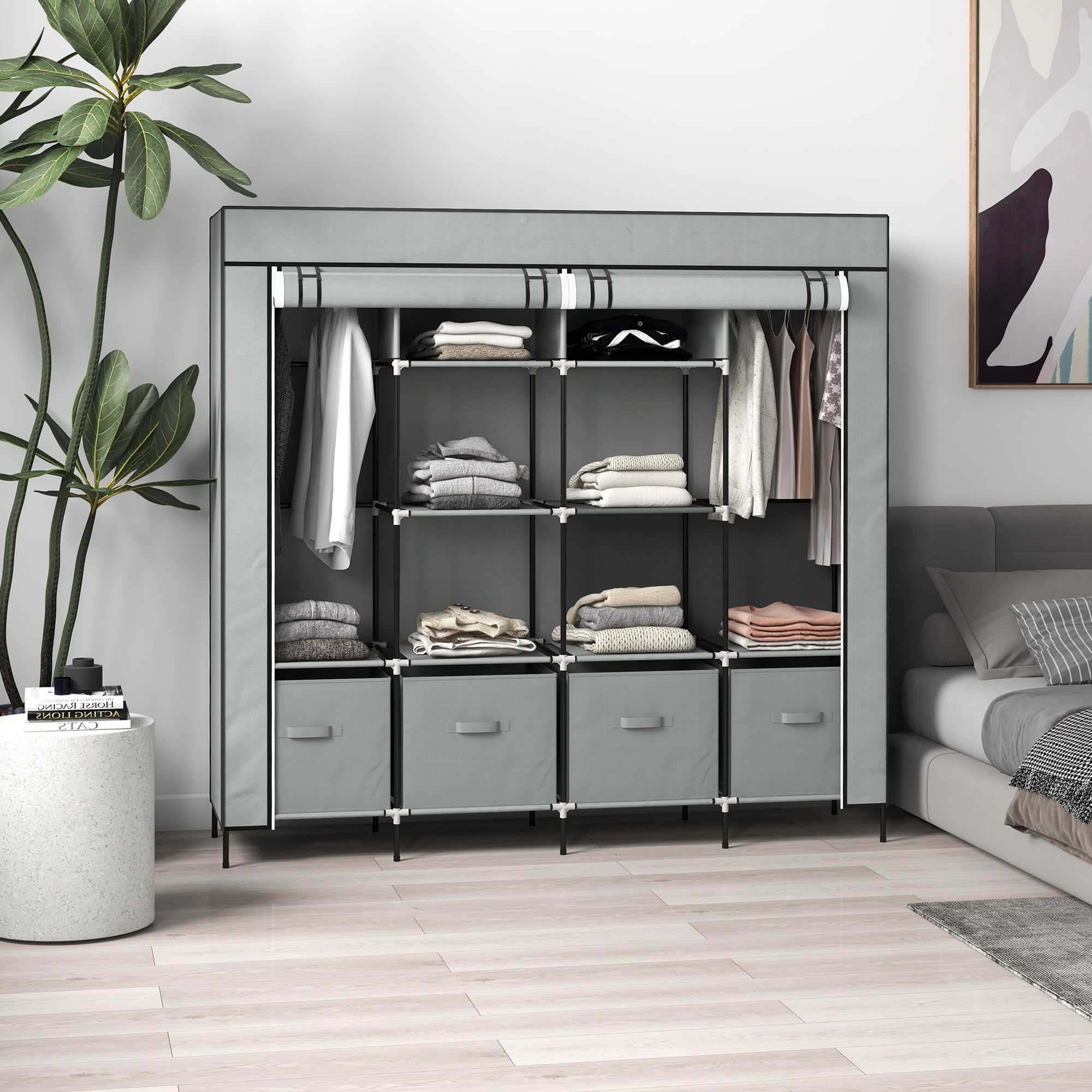 HOMCOM Kleiderschrank Stoffschrank mit Kleiderstange, Ablagen, Reißverschluss Stoffkleiderschrank Faltschrank für Ankleidezimmer Schlafzimmer, 166 x 42,5 x 169,5 cm Dunkelgrau