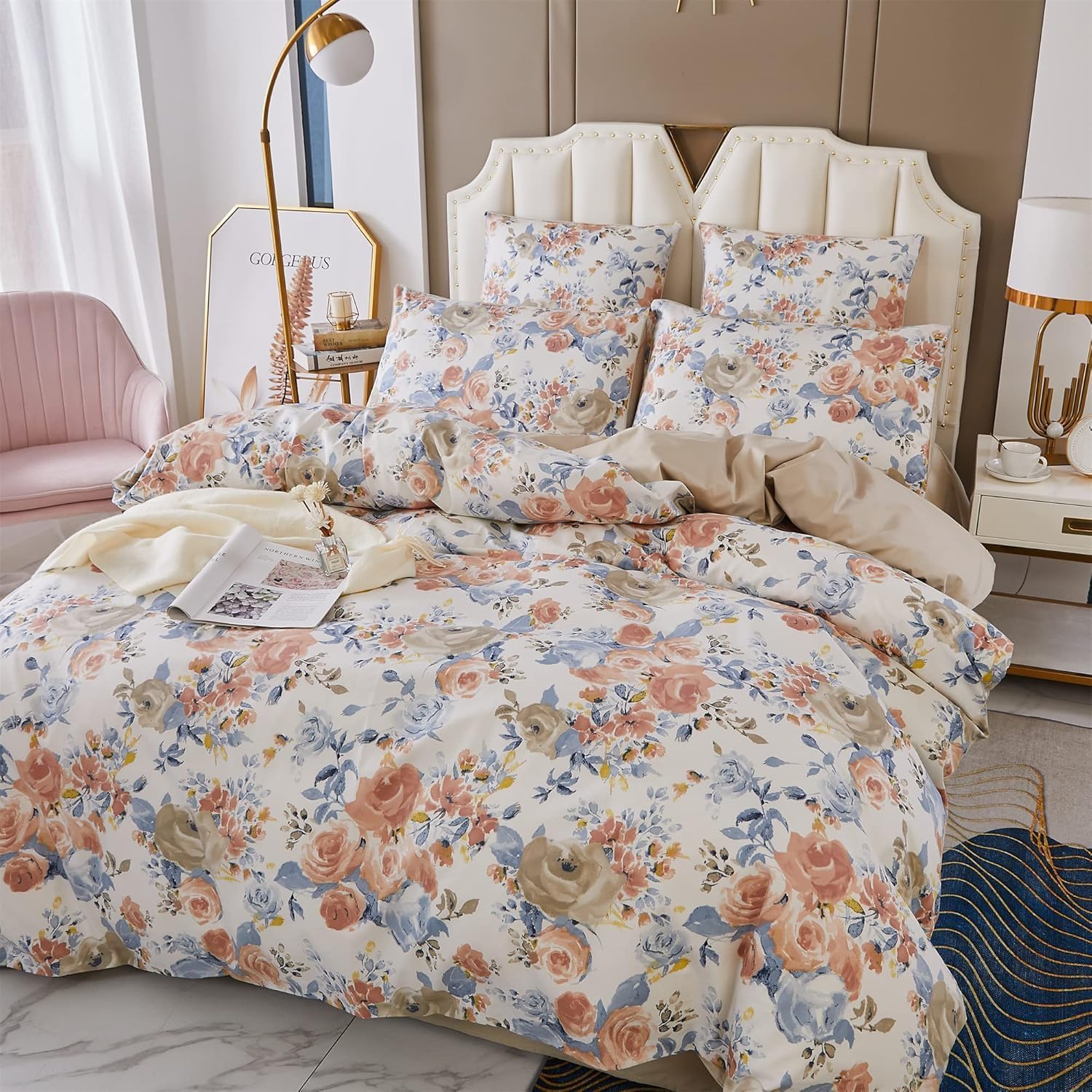 ABREEZE Shabby Floral Duvet Cover Set Cotton Farmhouse Bedding Set Vintage Rose Comforter Cover with Hidden Button Closure 3 Pieces, 1duvet Cover & 2pillowcases,King Size