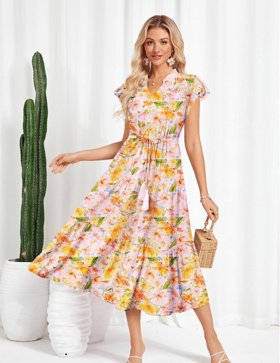 GRACE KARIN Womens Summer Floral Midi Dresses Short Sleeve Beach Wedding Guest Dress Drawstring Long Flowy Dress with Pockets - Image 2