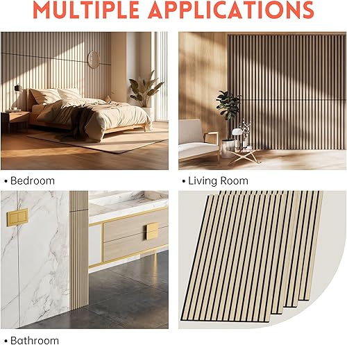 Miniatura 6 de RITOLLO Panel de pared de listones de madera, 4 paneles de pared insonorizados de 48 x 24.5 pulgadas, paneles de pared de madera 3D para decoración
